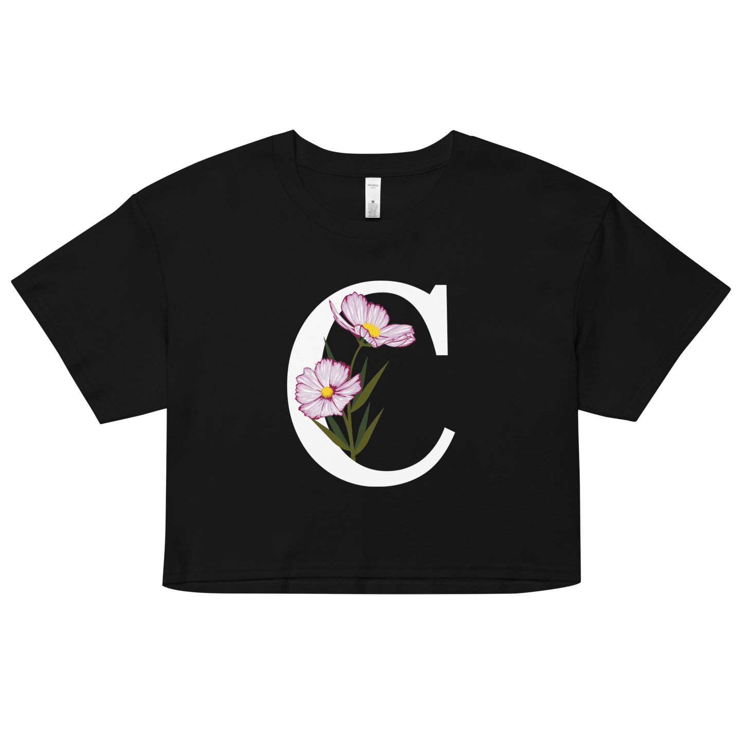 Essential Cotton Crop Top with Minimalist Initial 'C' with Flowers motif