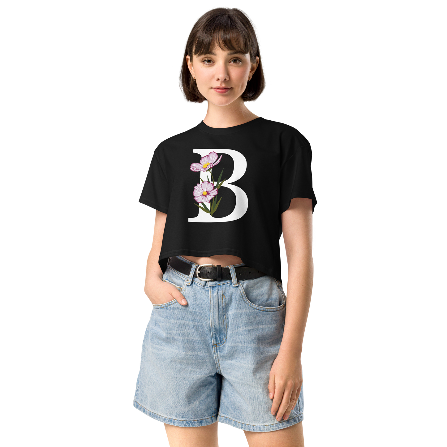 Essential Cotton Crop Top with Minimalist Initial 'B' with Flowers motif