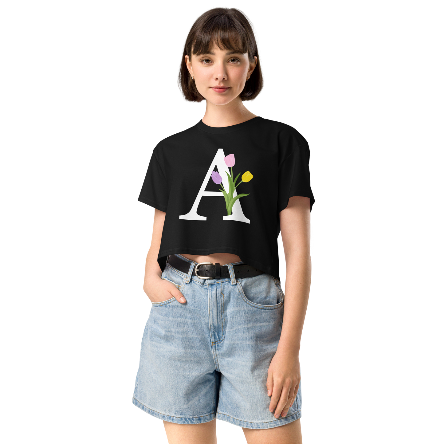 Essential Cotton Crop Top with Minimalist Initial 'A' with Tulips motif