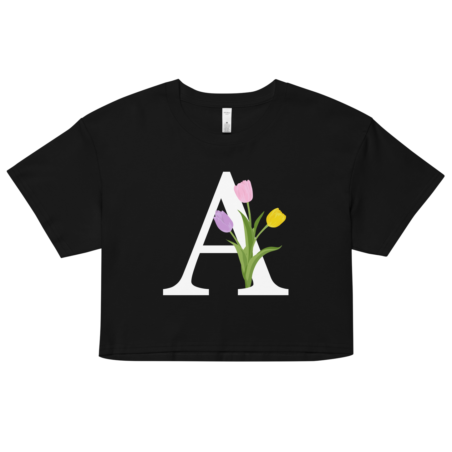 Essential Cotton Crop Top with Minimalist Initial 'A' with Tulips motif