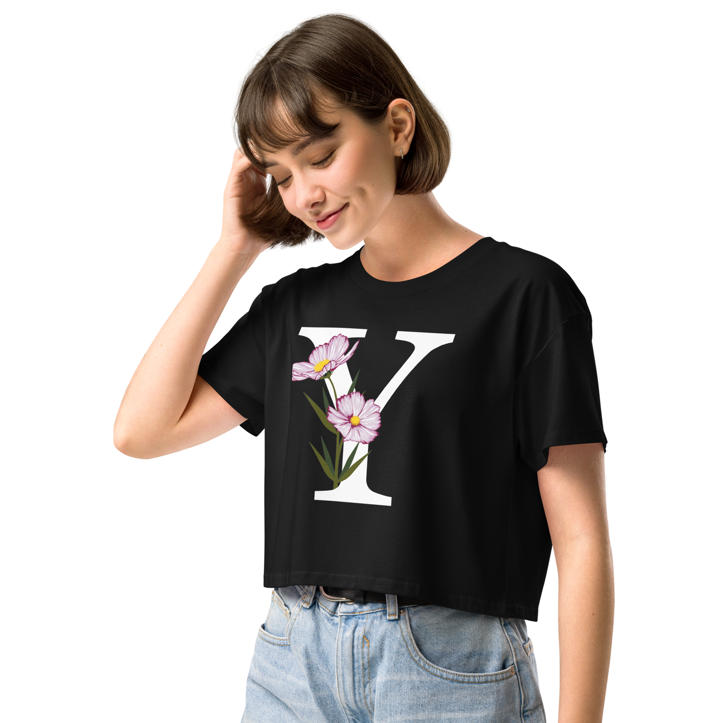 Essential Cotton Crop Top with Minimalist Initial 'Y' with Flowers motif