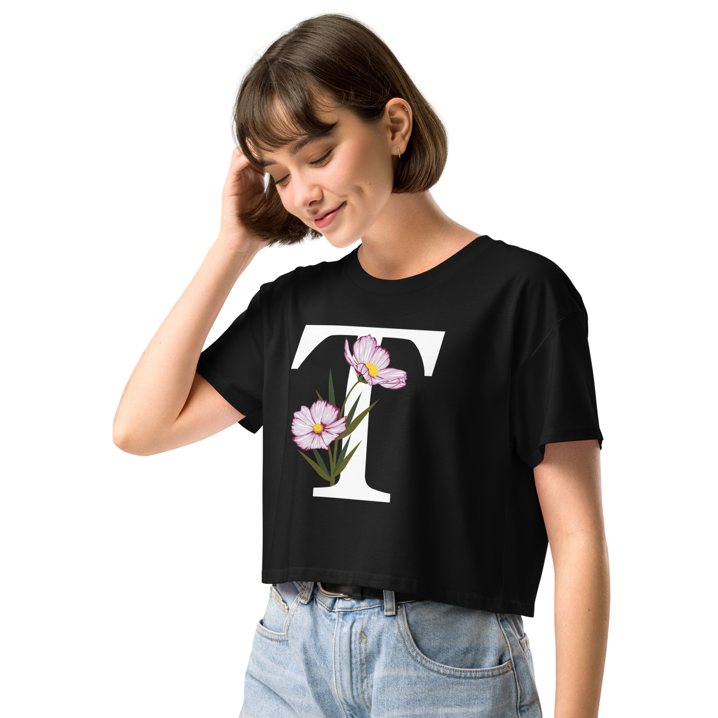 Essential Cotton Crop Top with Minimalist Initial 'T' with Flowers motif