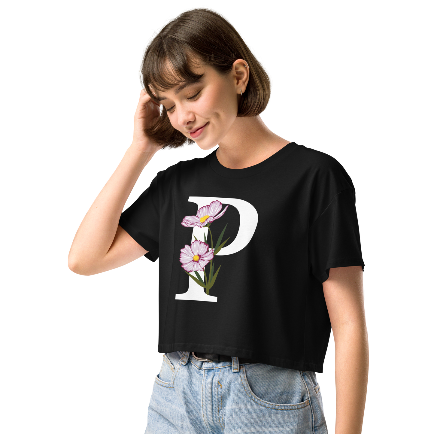 Essential Cotton Crop Top with Minimalist Initial 'P' with Flowers motif