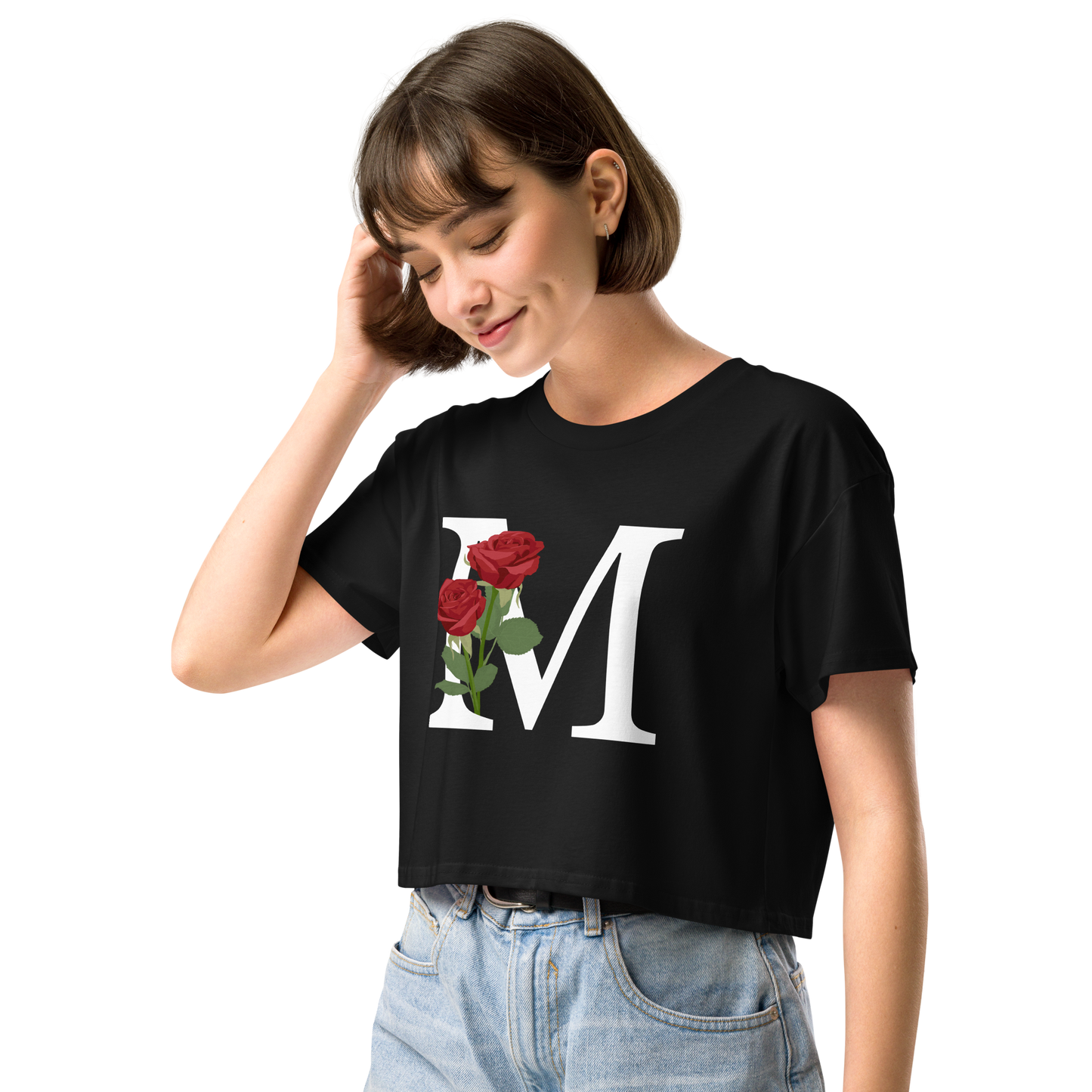 Essential Cotton Crop Top with Minimalist Initial 'M' with Roses motif