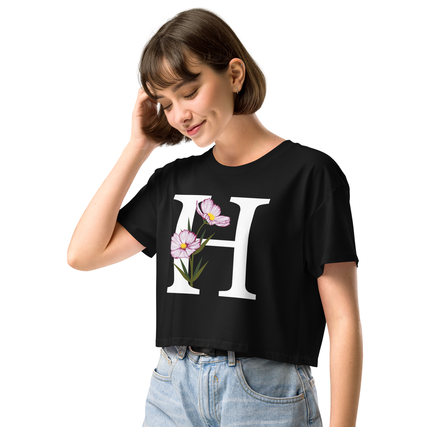 Essential Cotton Crop Top with Minimalist Initial 'H' with Flowers motif