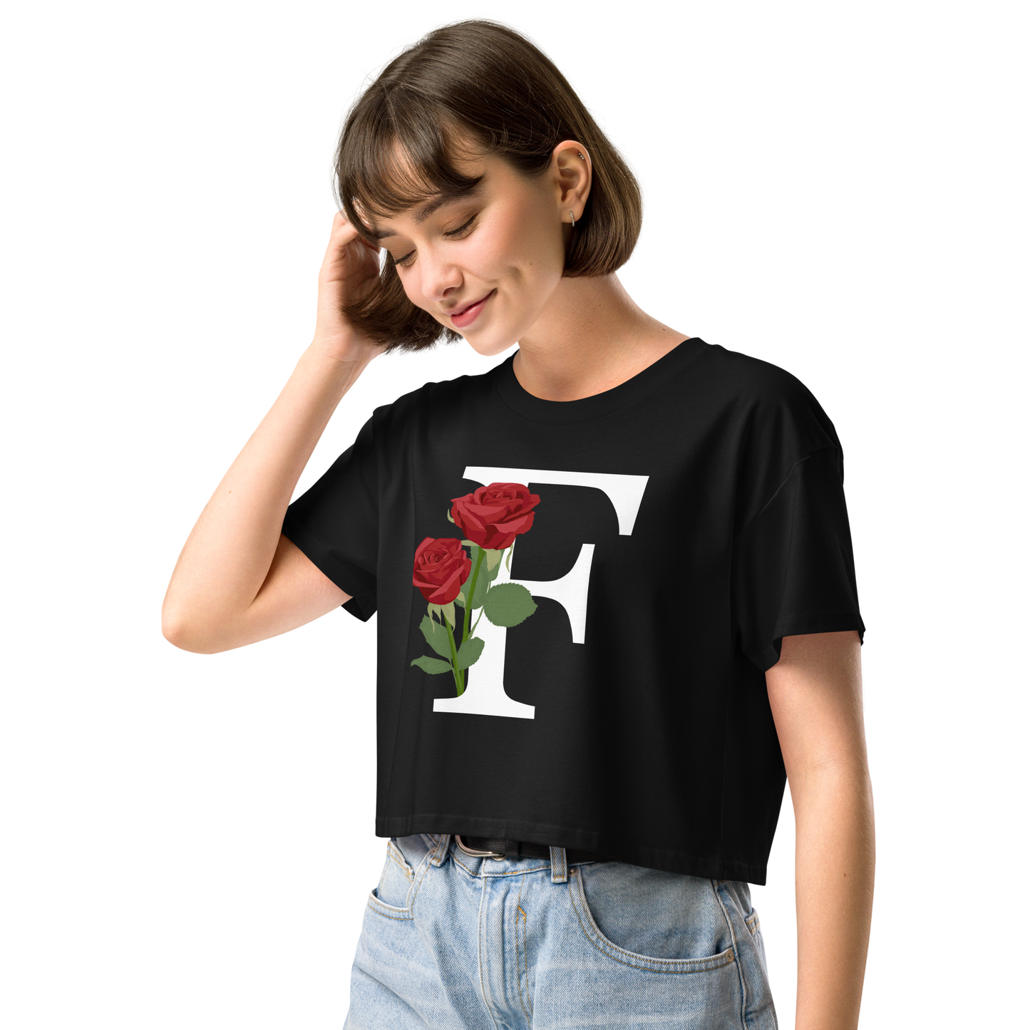 Essential Cotton Crop Top with Minimalist Initial 'F' with Roses motif