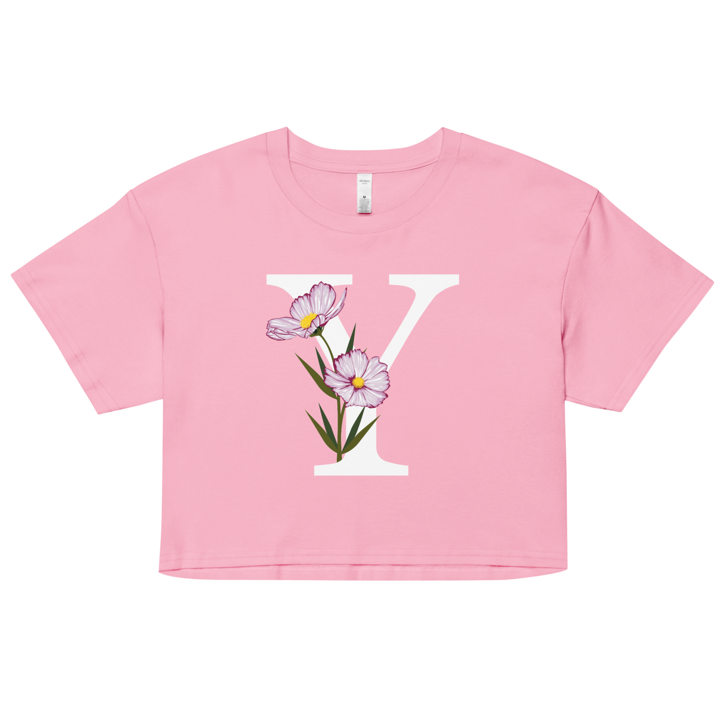 Essential Cotton Crop Top with Minimalist Initial 'Y' with Flowers motif