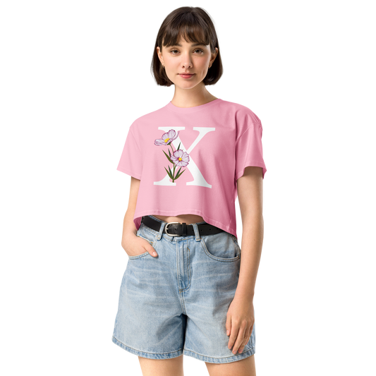 Essential Cotton Crop Top with Minimalist Initial 'X' with Flowers motif