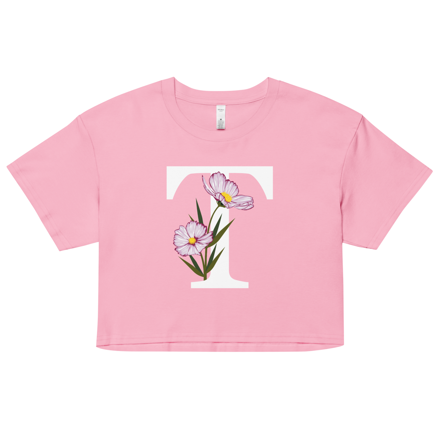 Essential Cotton Crop Top with Minimalist Initial 'T' with Flowers motif