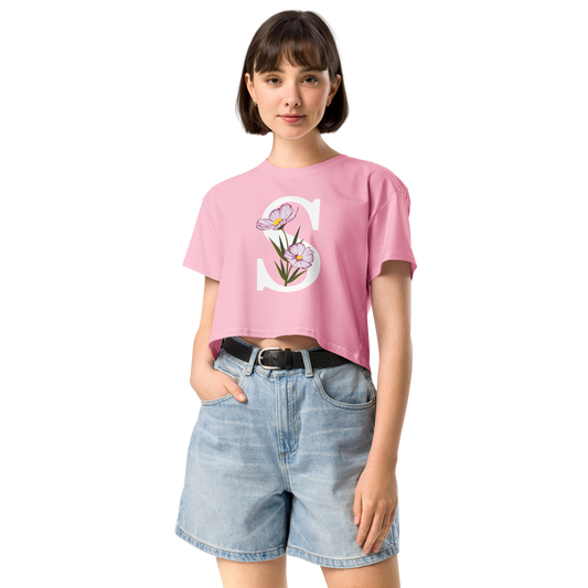 Essential Cotton Crop Top with Minimalist Initial 'S' with Flowers motif