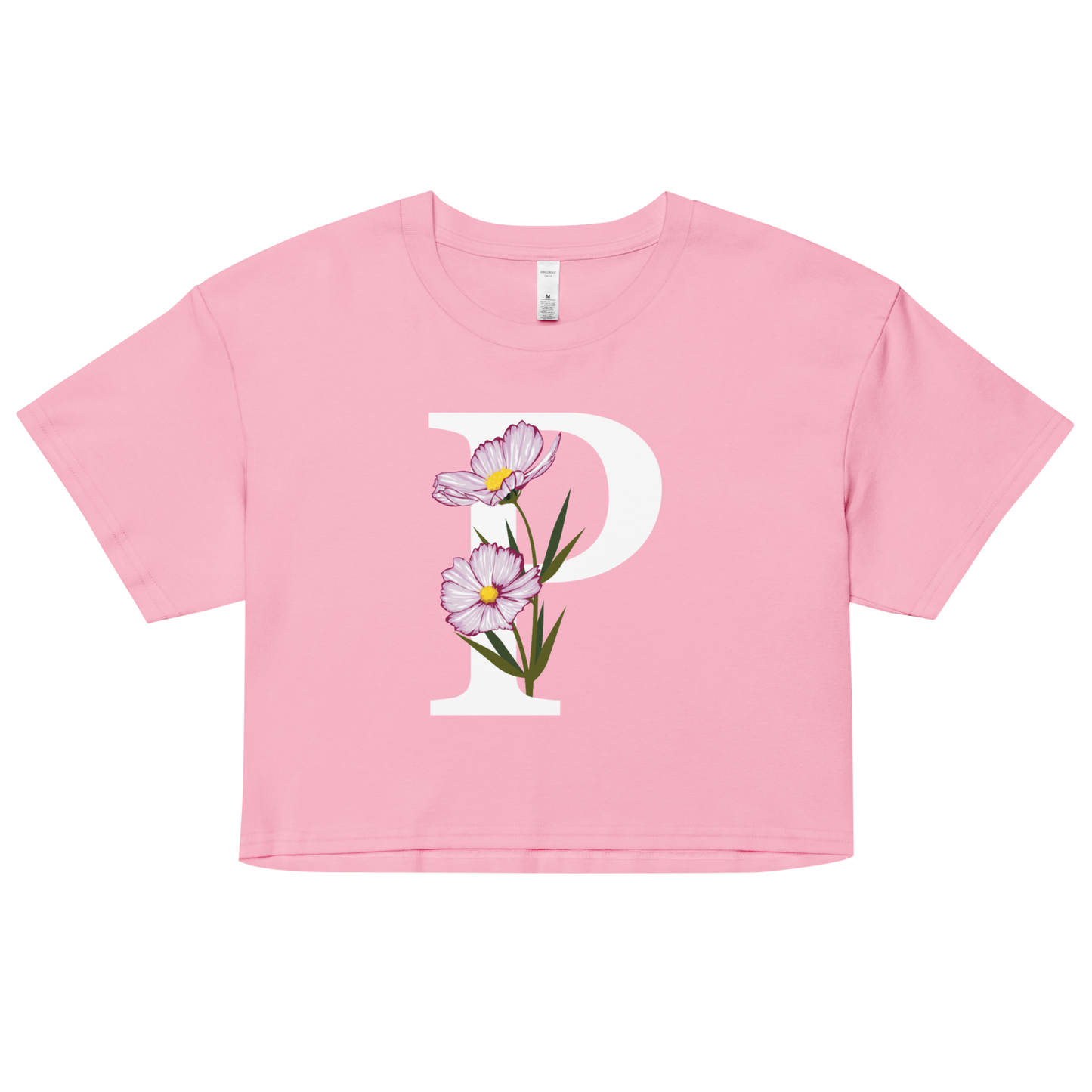 Essential Cotton Crop Top with Minimalist Initial 'P' with Flowers motif