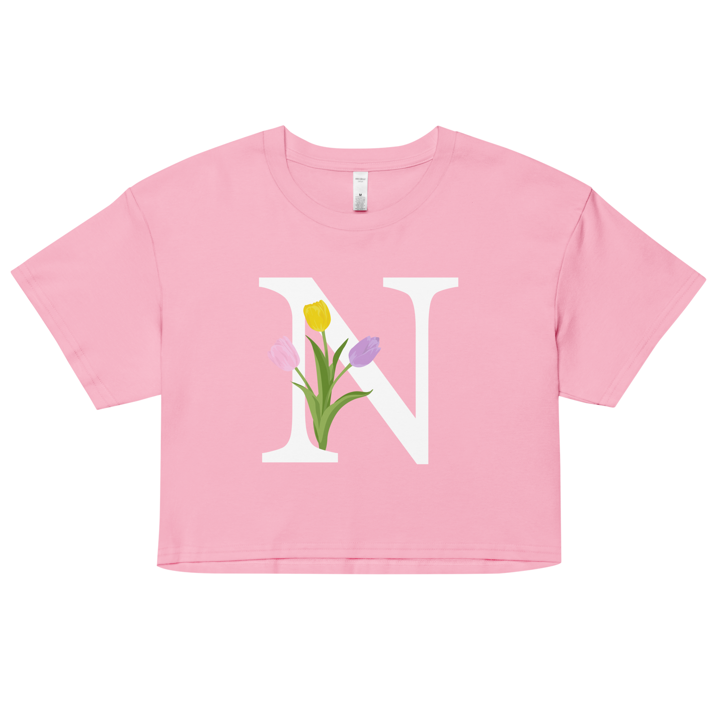 Essential Cotton Crop Top with Minimalist Initial 'N' with Tulips motif