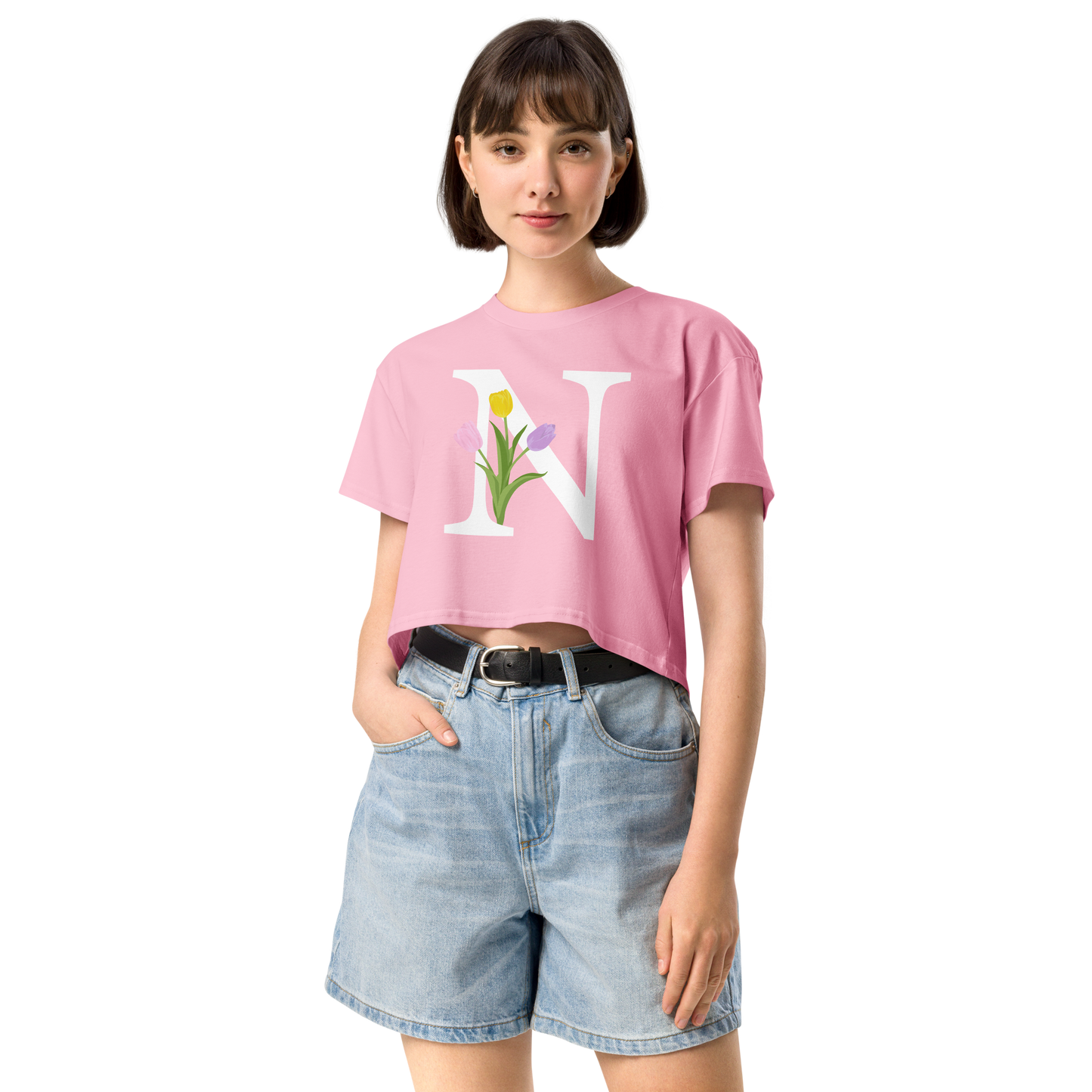 Essential Cotton Crop Top with Minimalist Initial 'N' with Tulips motif