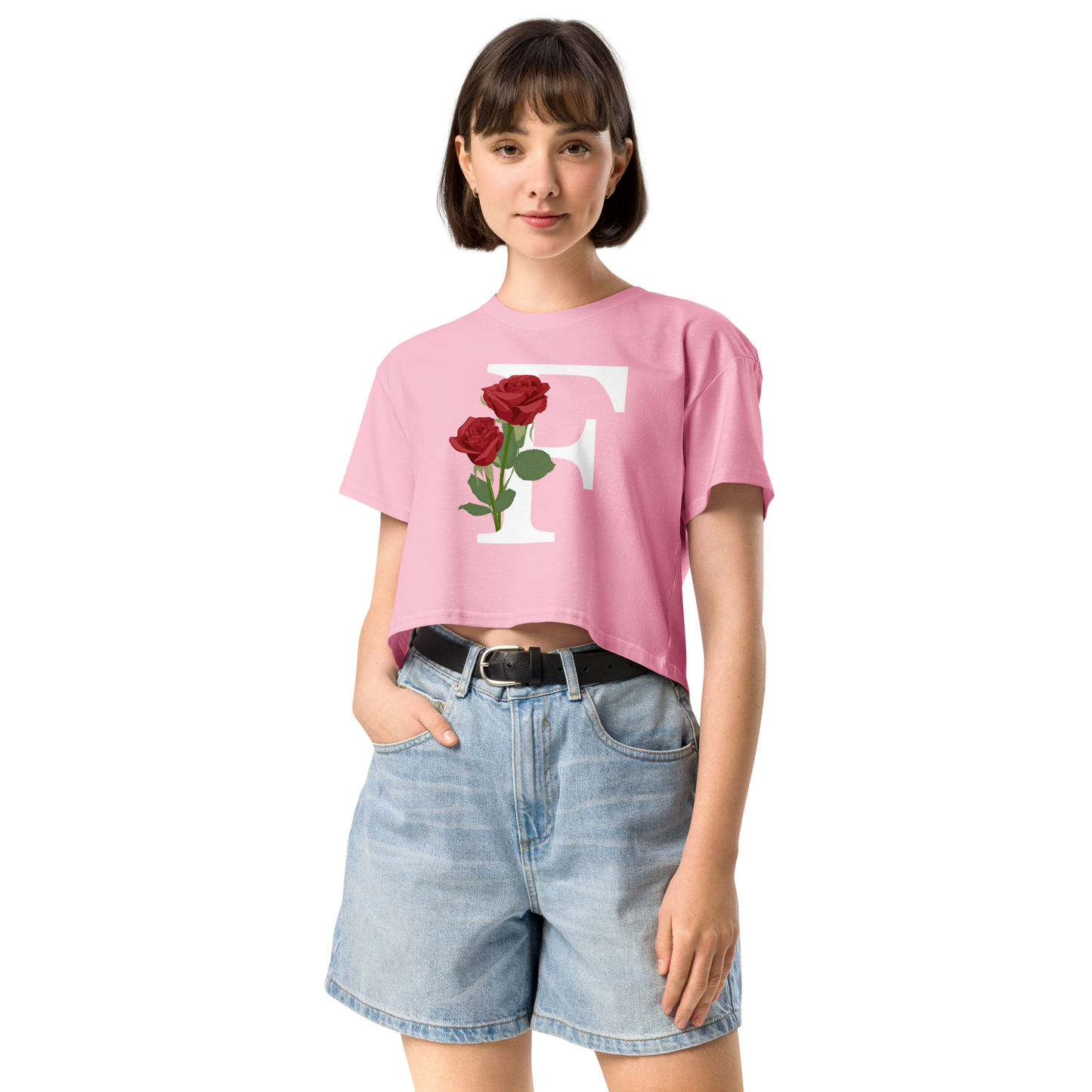 Essential Cotton Crop Top with Minimalist Initial 'F' with Roses motif