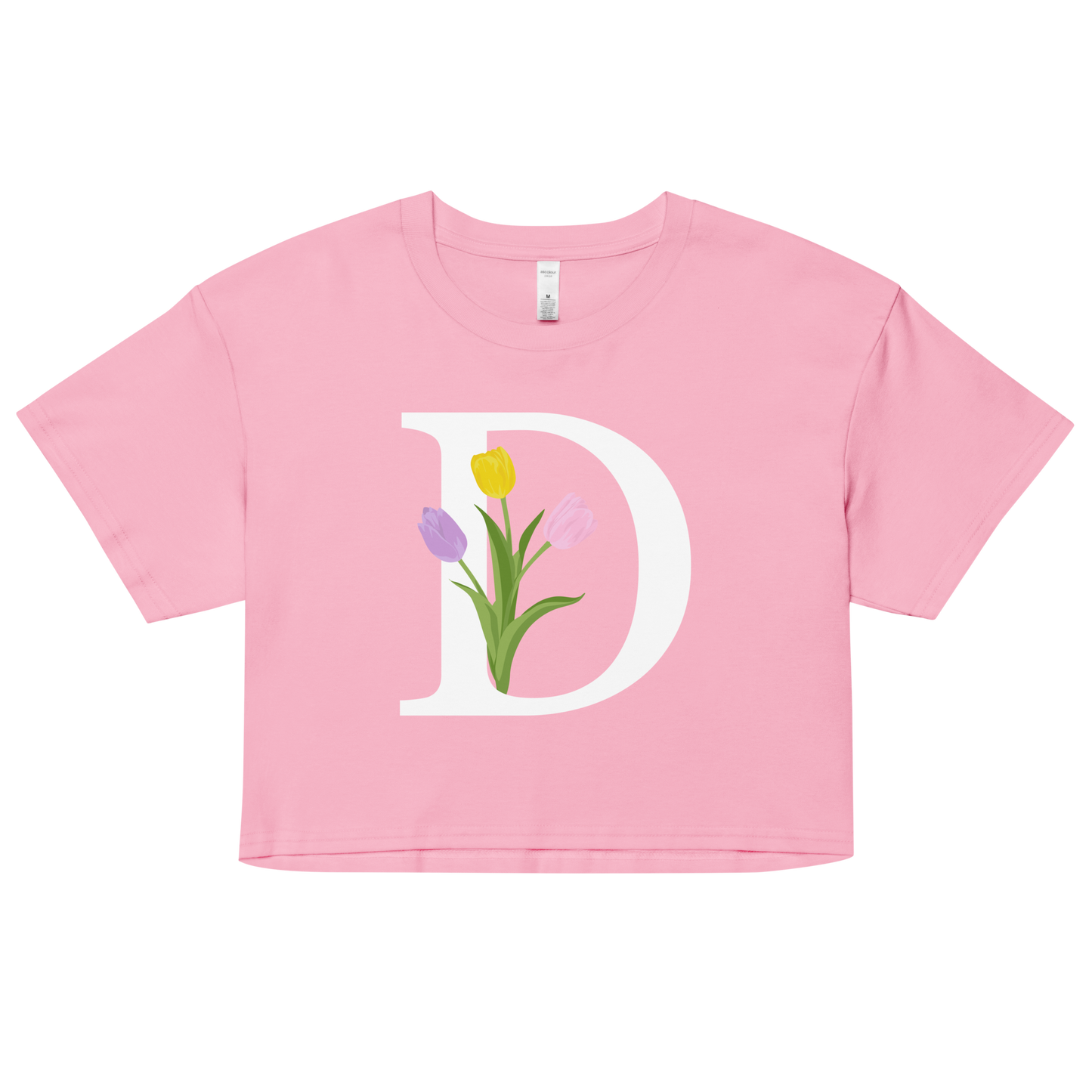 Essential Cotton Crop Top with Minimalist Initial 'D' with Tulips motif