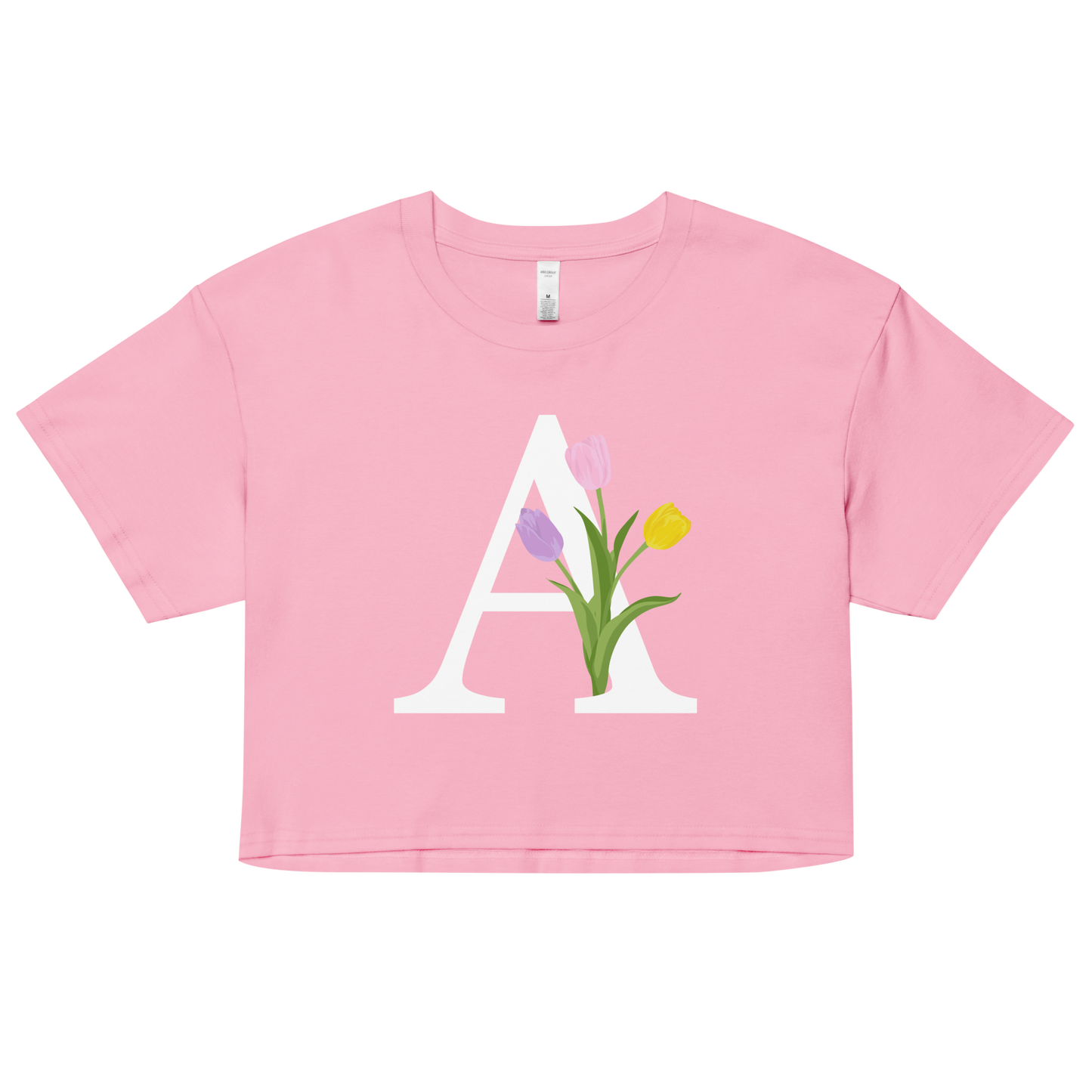 Essential Cotton Crop Top with Minimalist Initial 'A' with Tulips motif