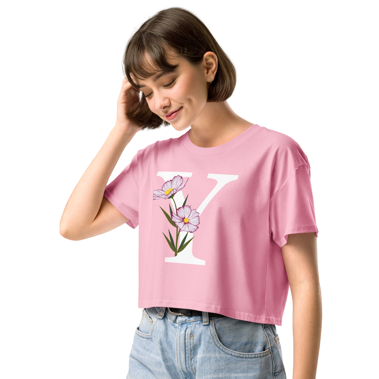 Essential Cotton Crop Top with Minimalist Initial 'Y' with Flowers motif