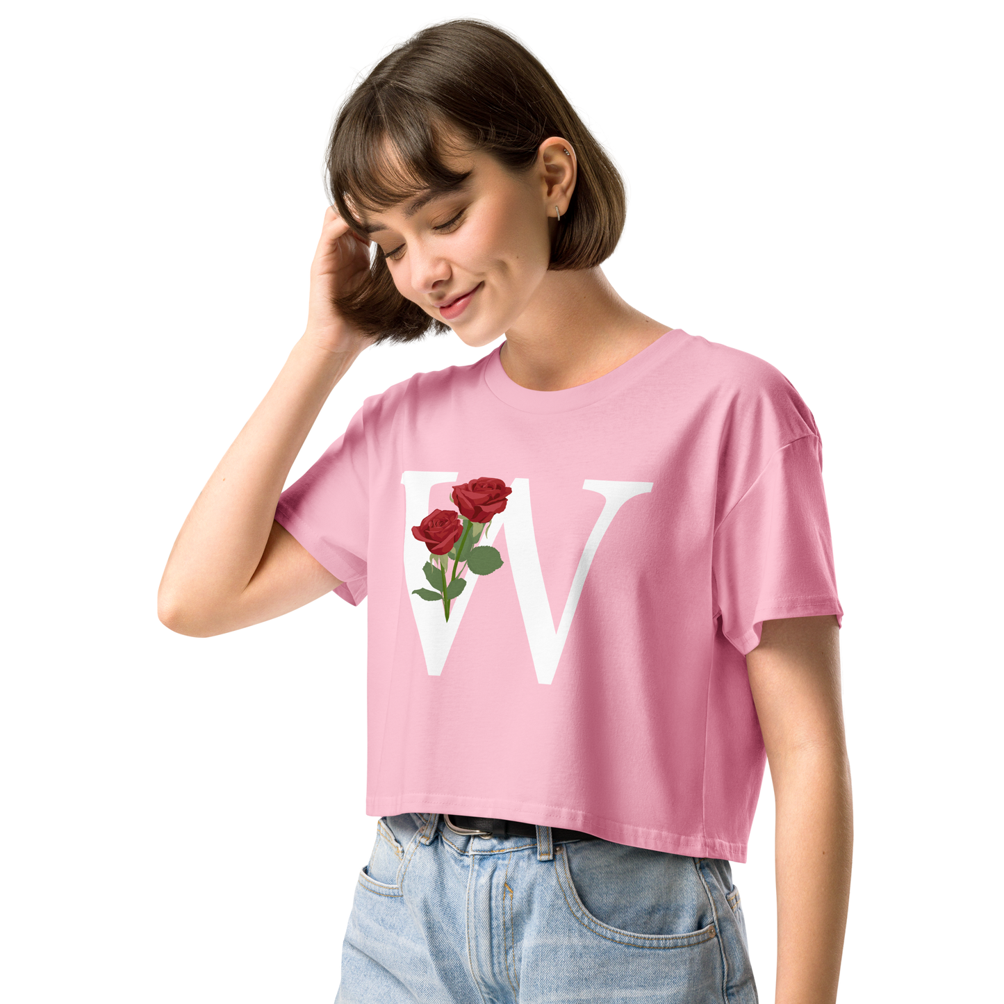 Essential Cotton Crop Top with Minimalist Initial 'W' with Roses motif