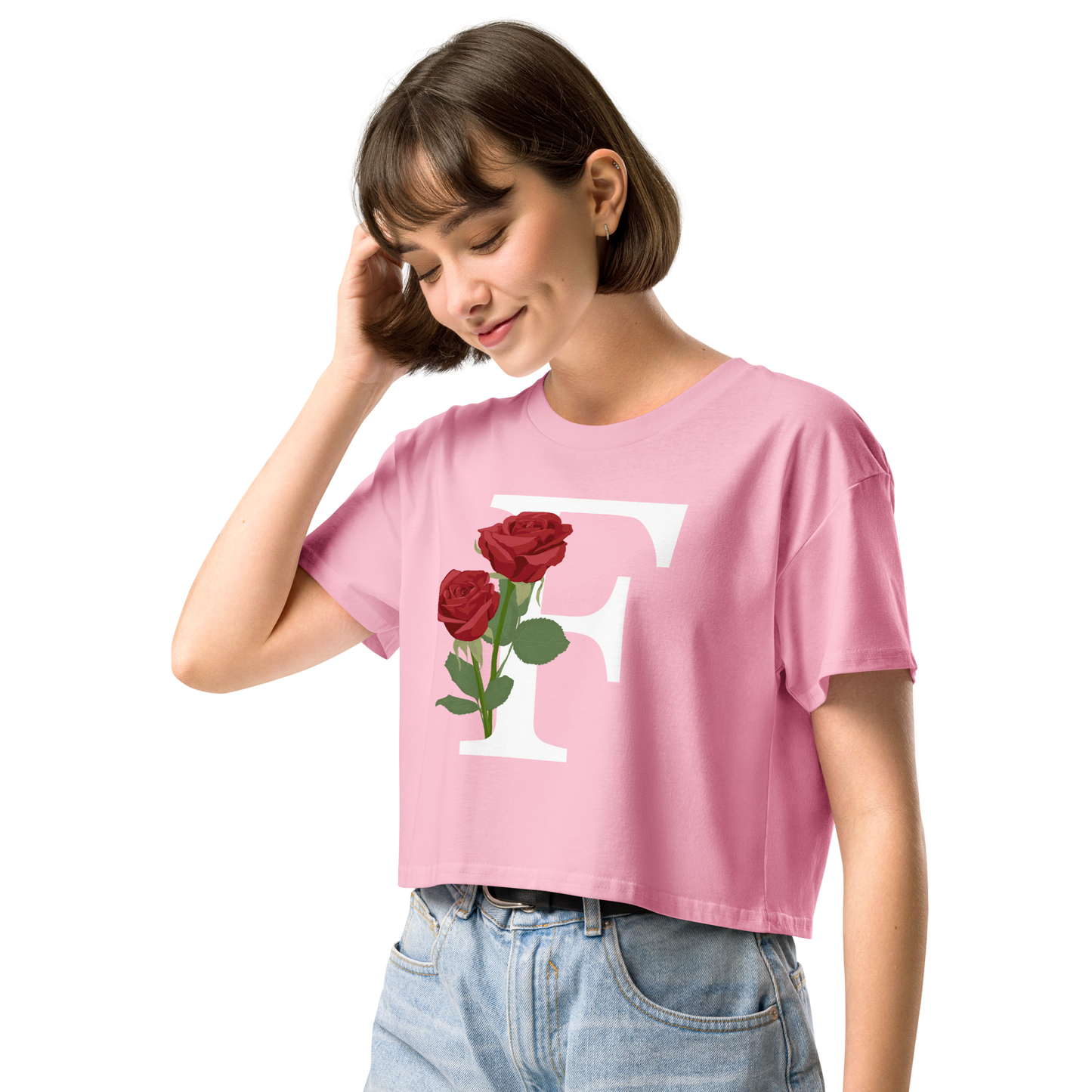 Essential Cotton Crop Top with Minimalist Initial 'F' with Roses motif