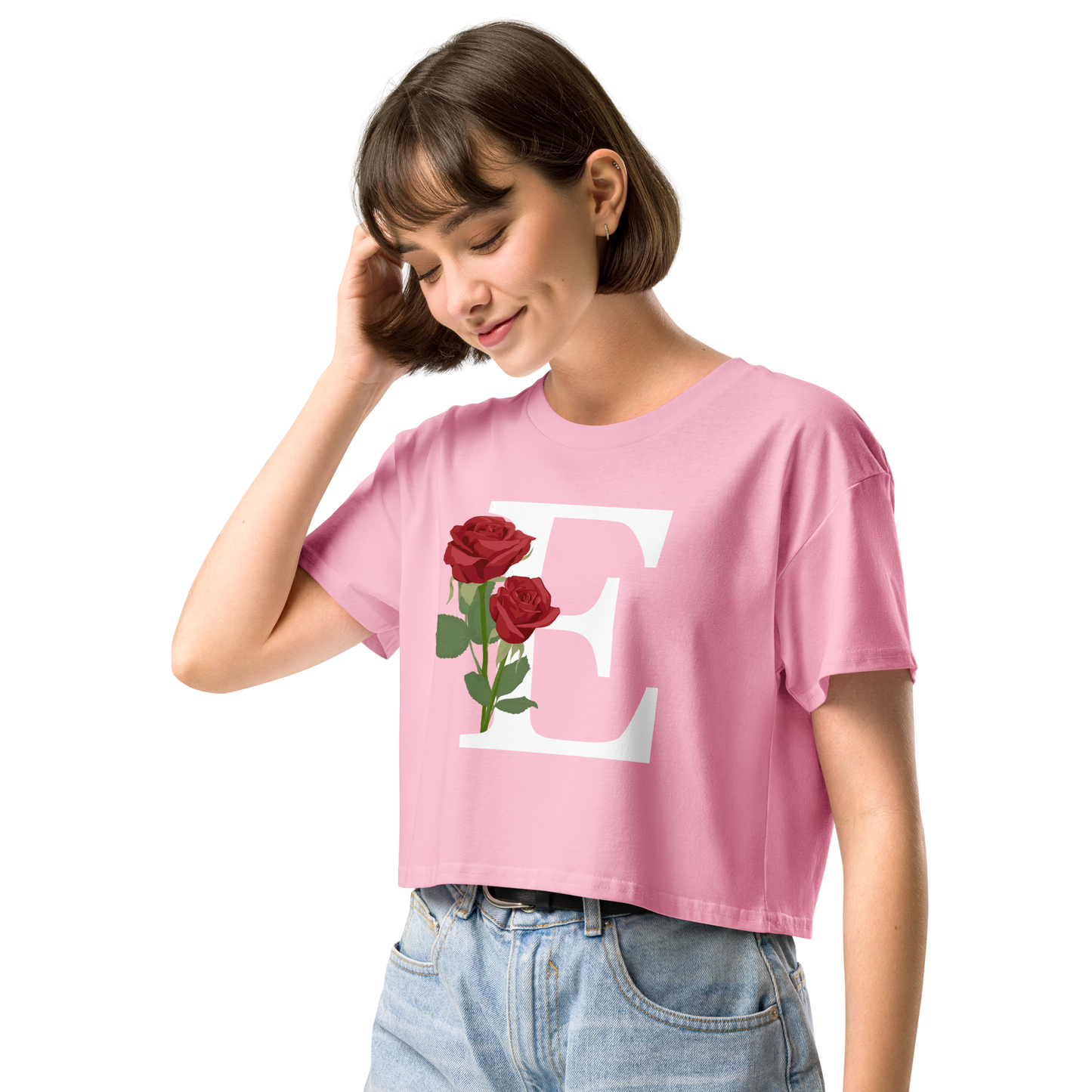 Essential Cotton Crop Top with Minimalist Initial 'E' with Roses motif