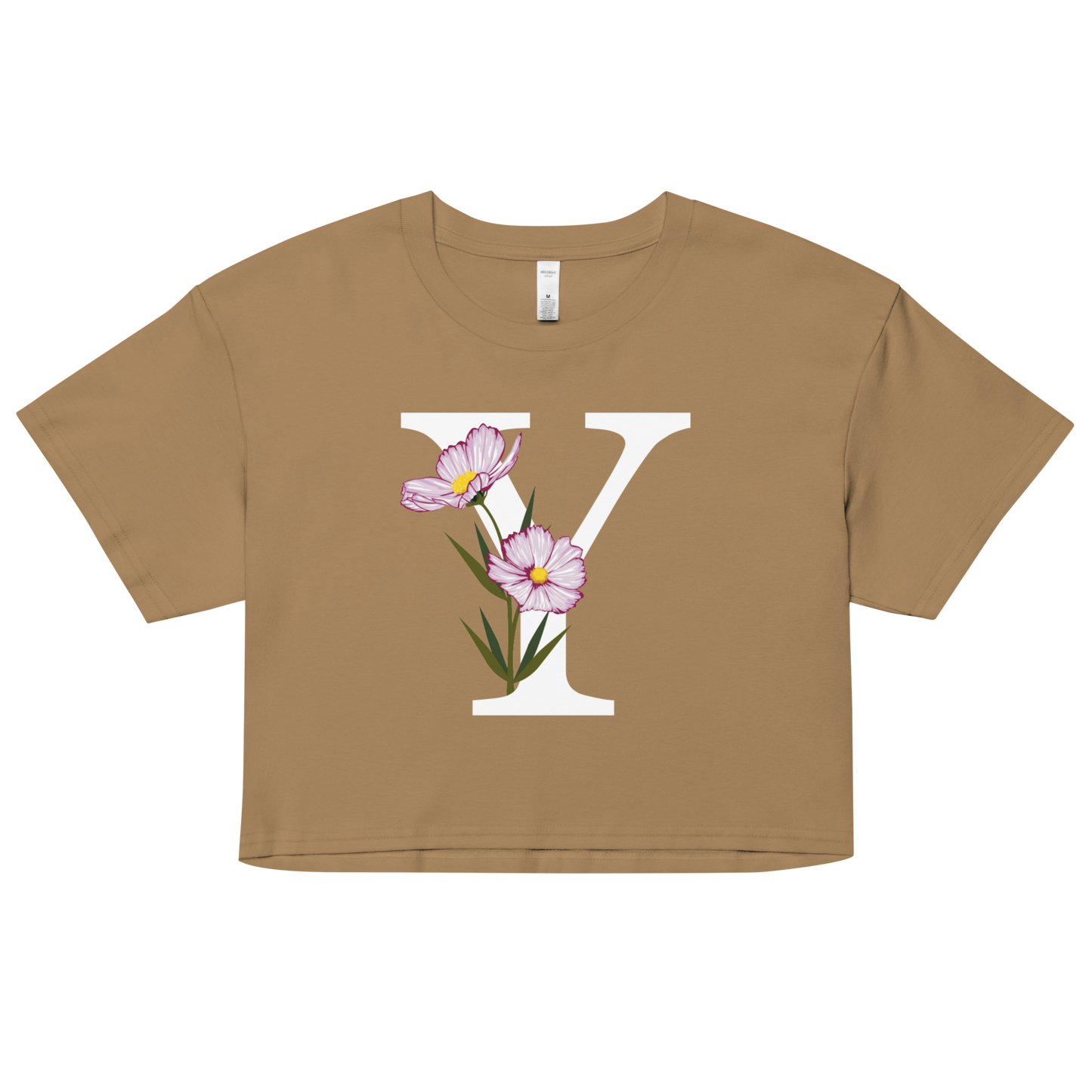 Essential Cotton Crop Top with Minimalist Initial 'Y' with Flowers motif