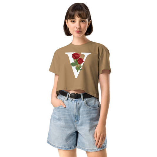 Essential Cotton Crop Top with Minimalist Initial 'V' with Roses motif