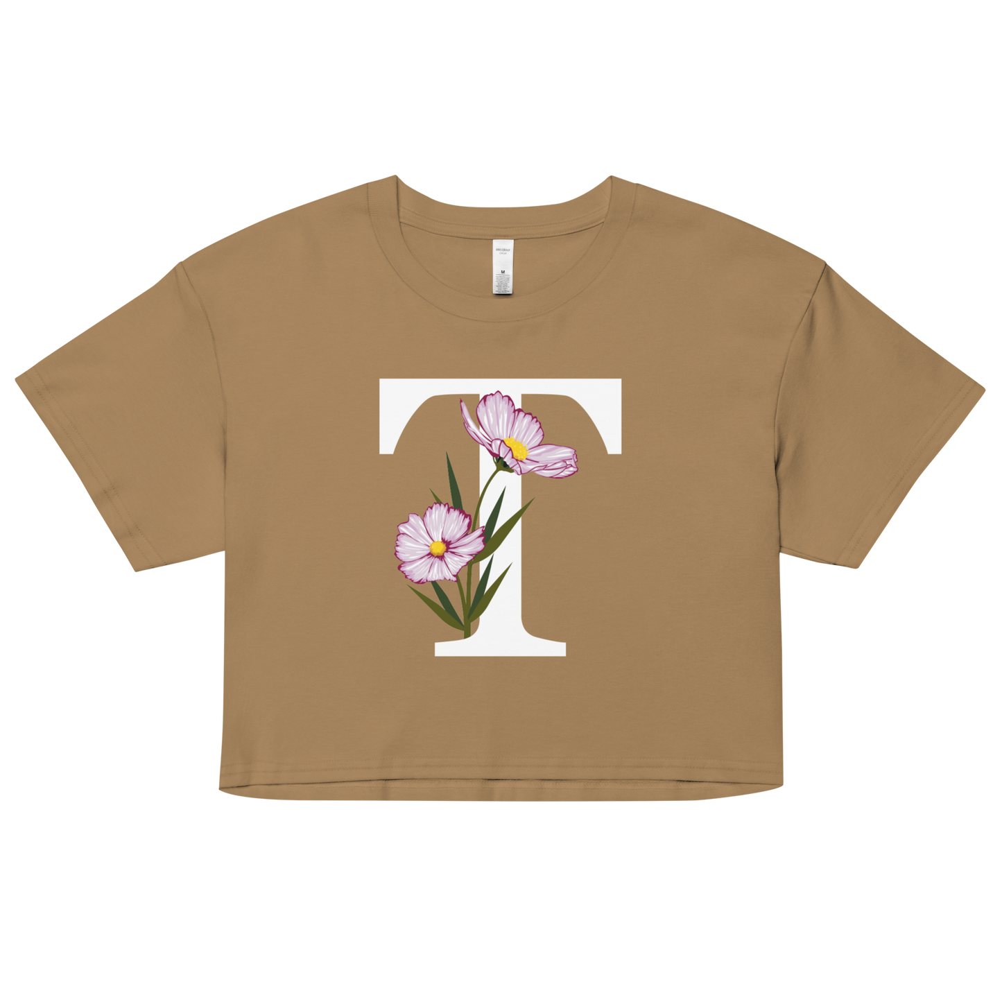 Essential Cotton Crop Top with Minimalist Initial 'T' with Flowers motif