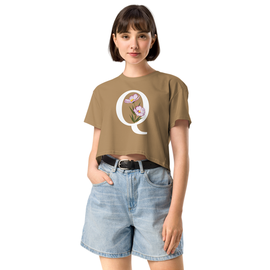 Essential Cotton Crop Top with Minimalist Initial 'Q' with Flowers motif