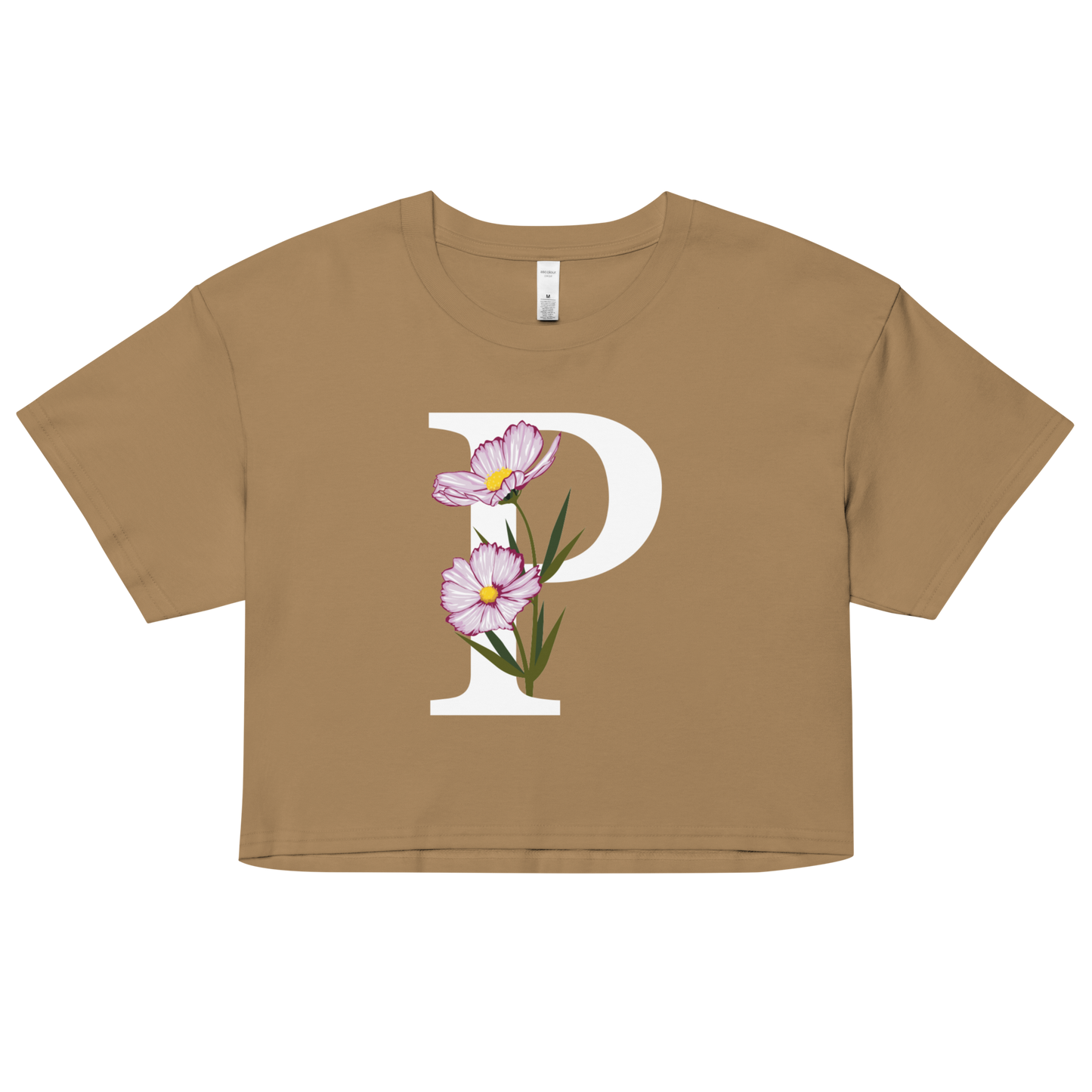 Essential Cotton Crop Top with Minimalist Initial 'P' with Flowers motif