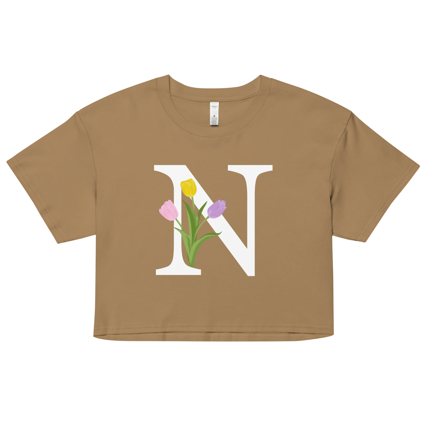 Essential Cotton Crop Top with Minimalist Initial 'N' with Tulips motif