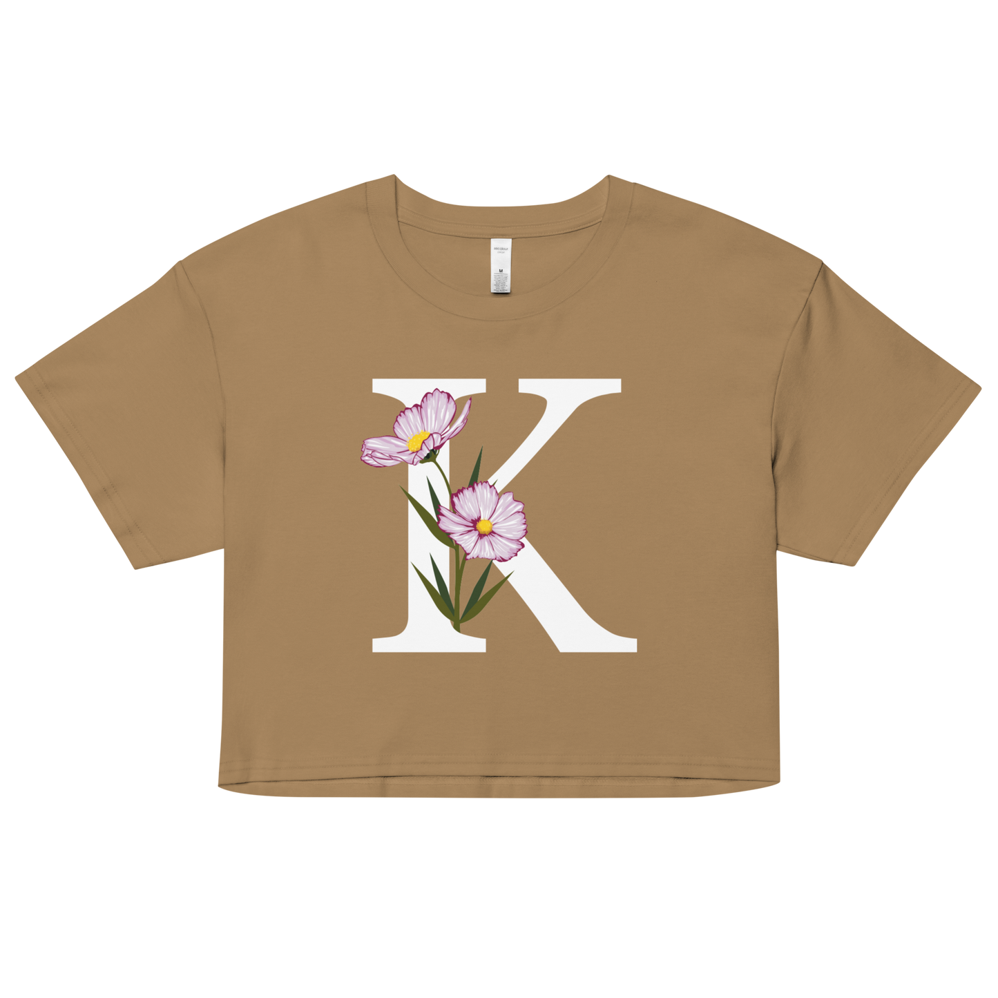 Essential Cotton Crop Top with Minimalist Initial 'K' with Flowers motif