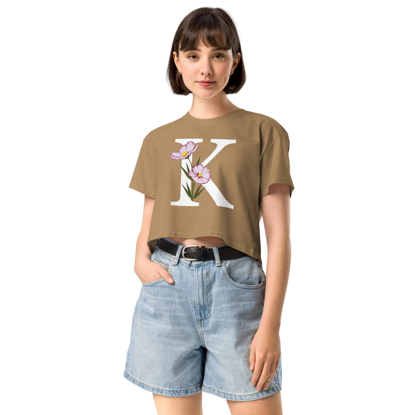 Essential Cotton Crop Top with Minimalist Initial 'K' with Flowers motif