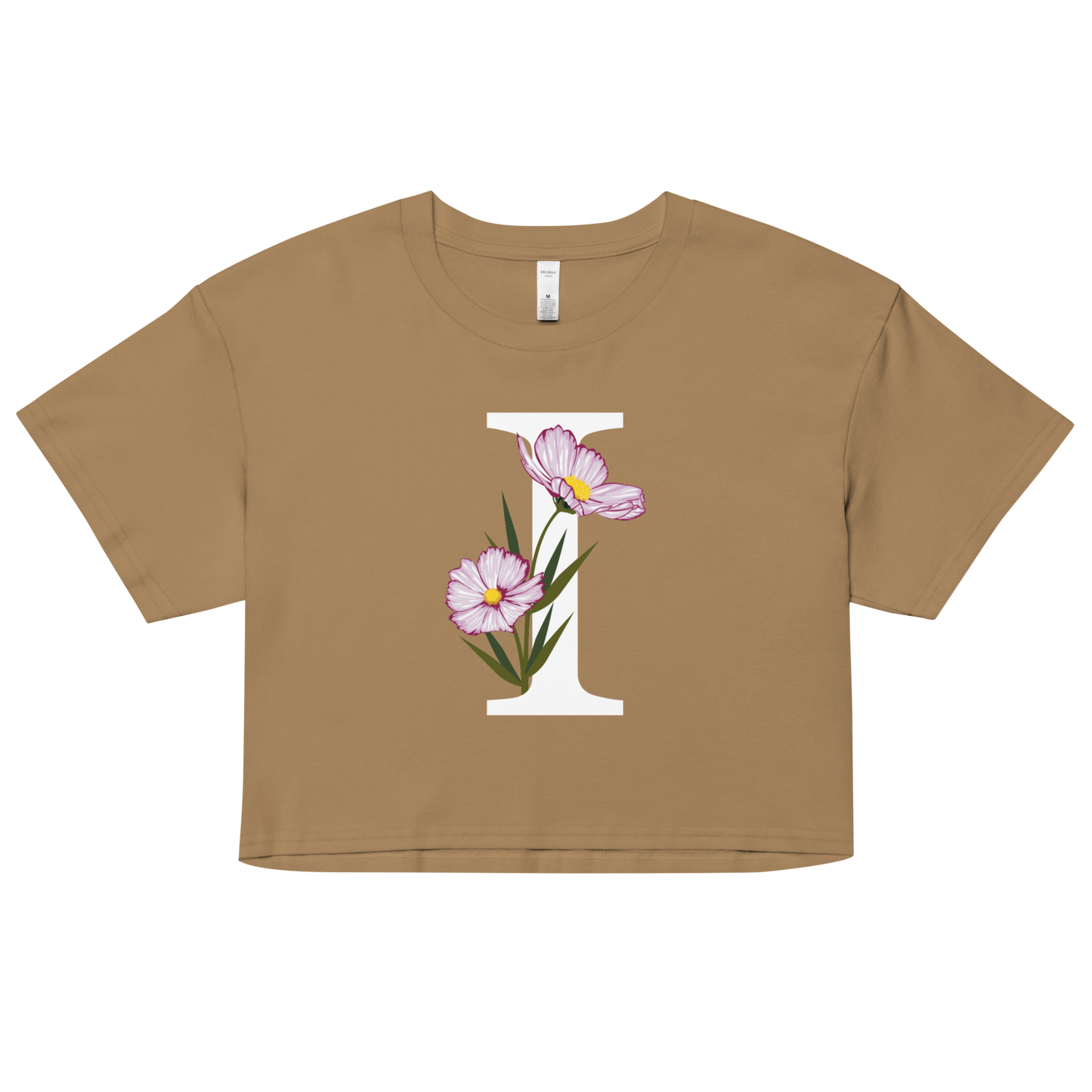 Essential Cotton Crop Top with Minimalist Initial 'I' with Flowers motif