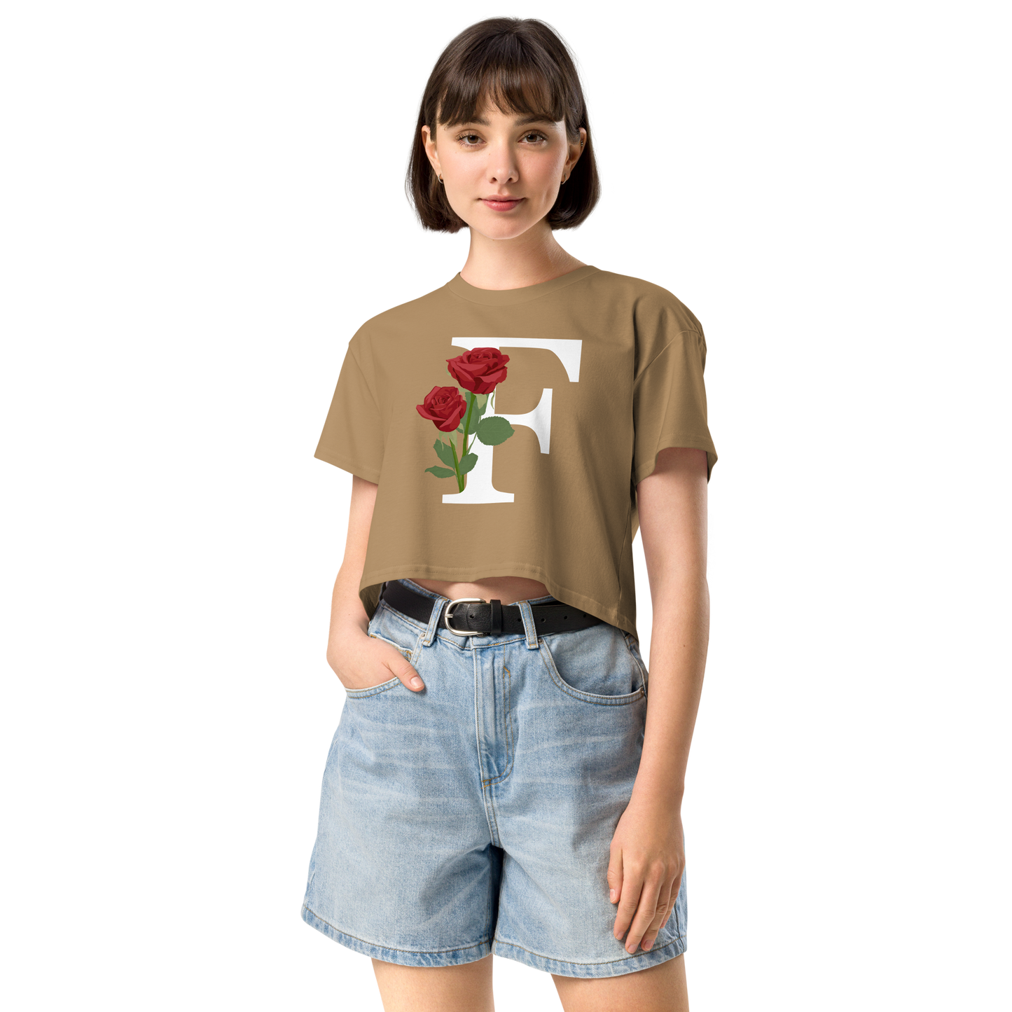 Essential Cotton Crop Top with Minimalist Initial 'F' with Roses motif