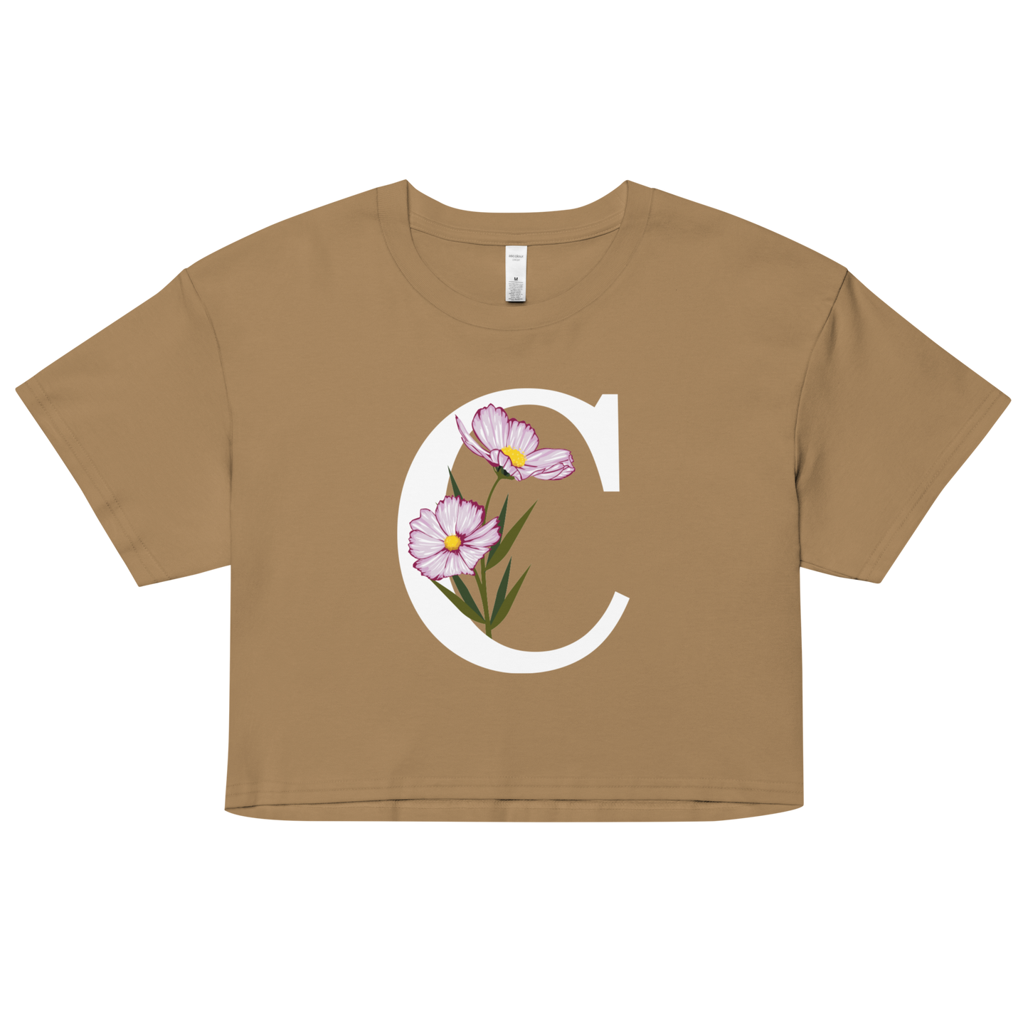 Essential Cotton Crop Top with Minimalist Initial 'C' with Flowers motif