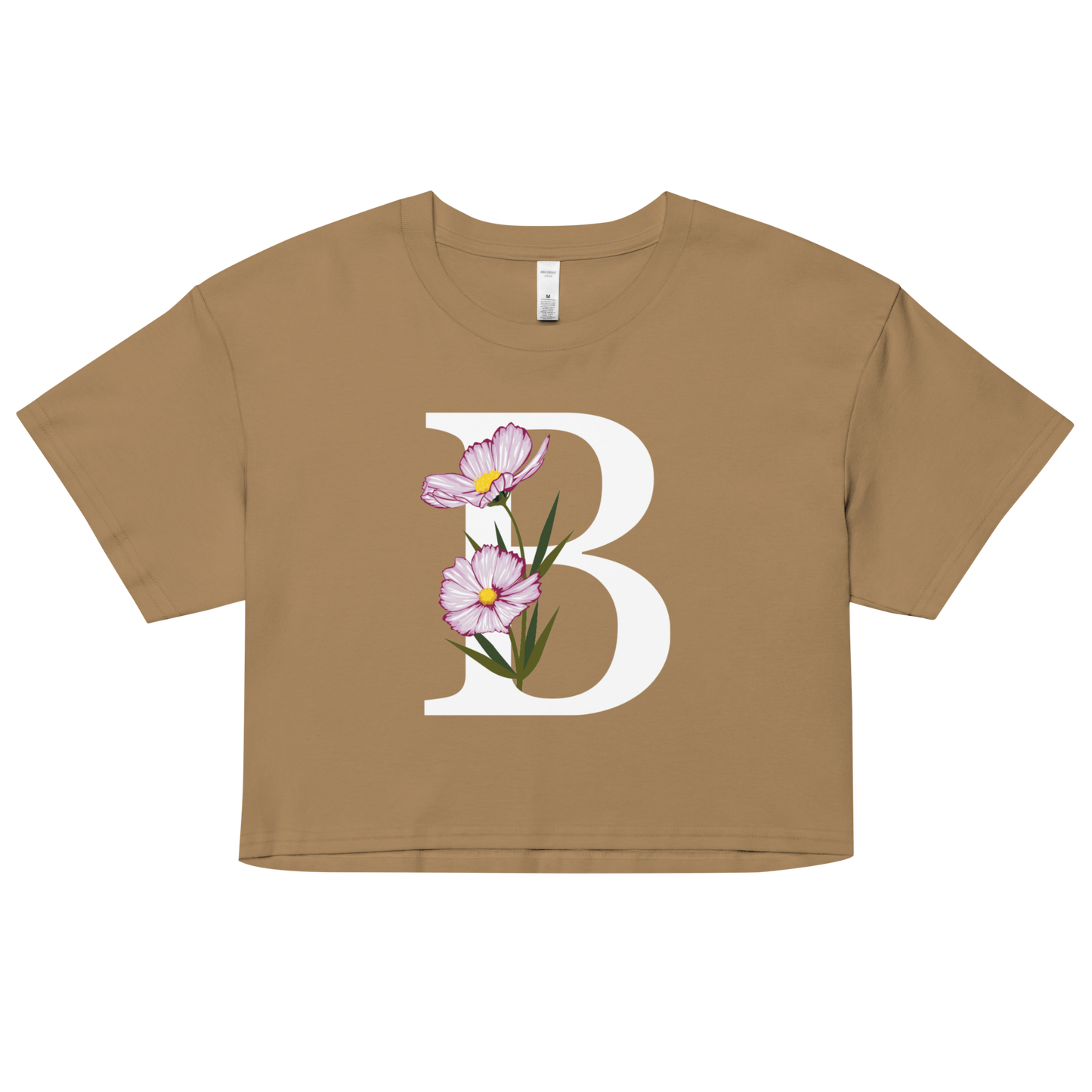 Essential Cotton Crop Top with Minimalist Initial 'B' with Flowers motif