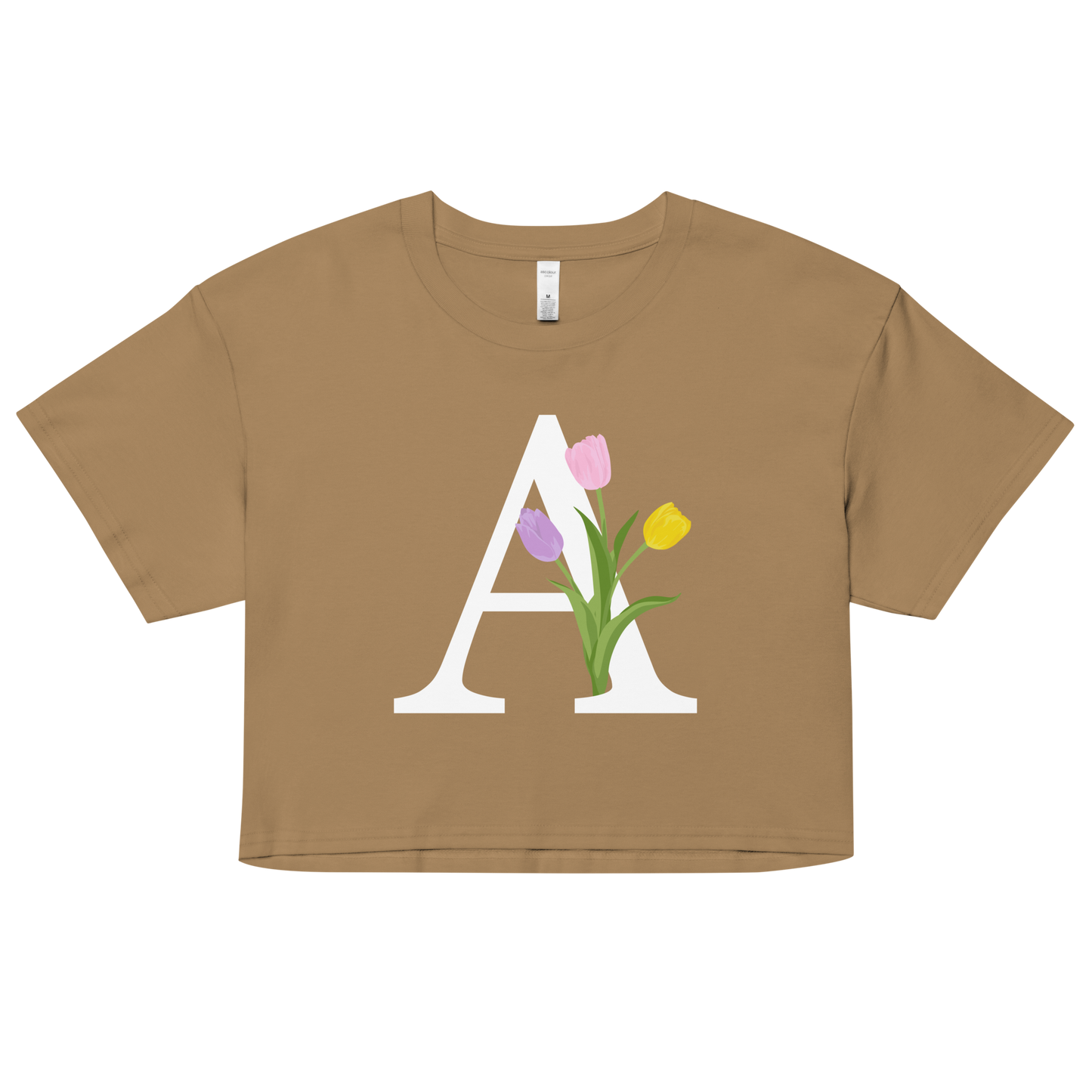 Essential Cotton Crop Top with Minimalist Initial 'A' with Tulips motif