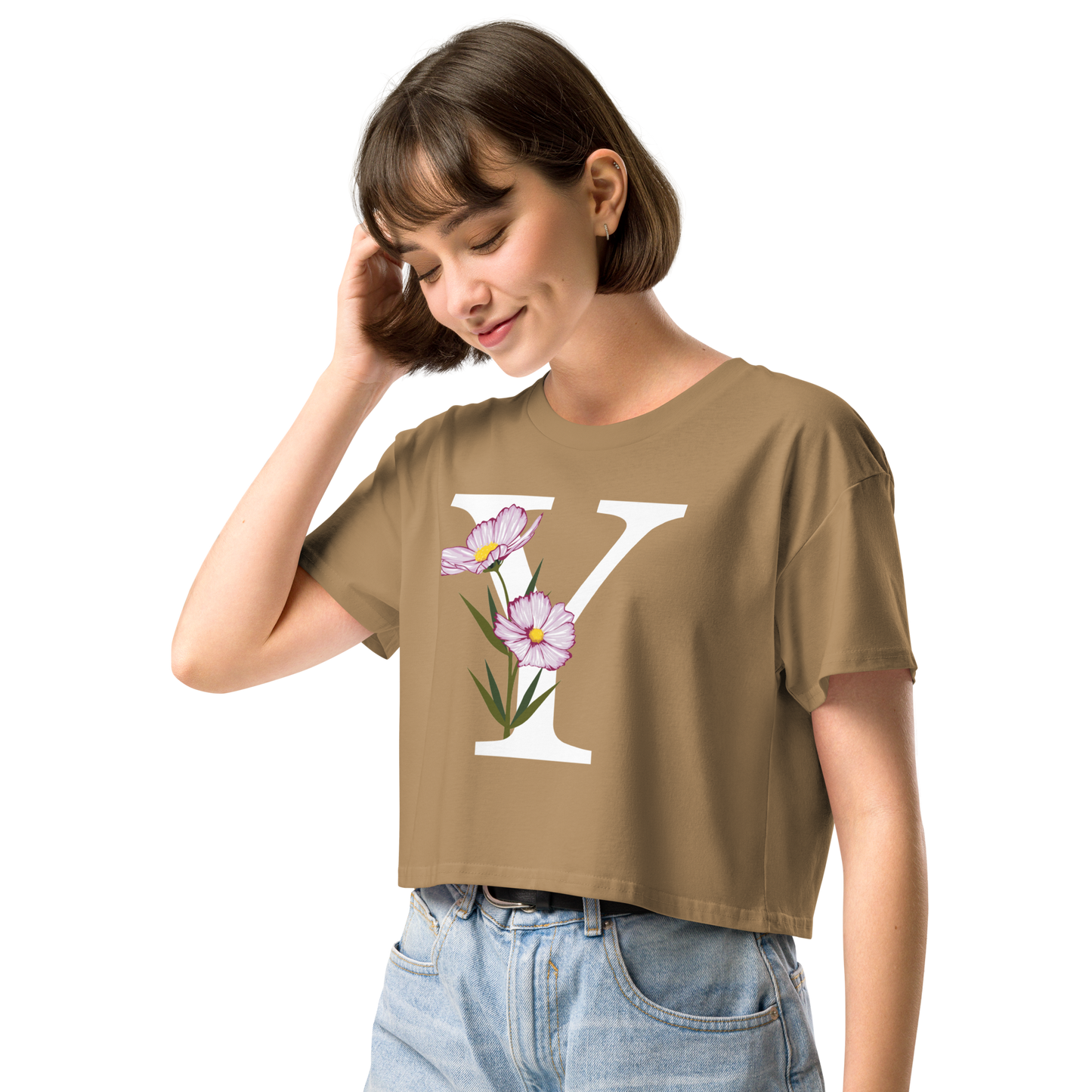 Essential Cotton Crop Top with Minimalist Initial 'Y' with Flowers motif