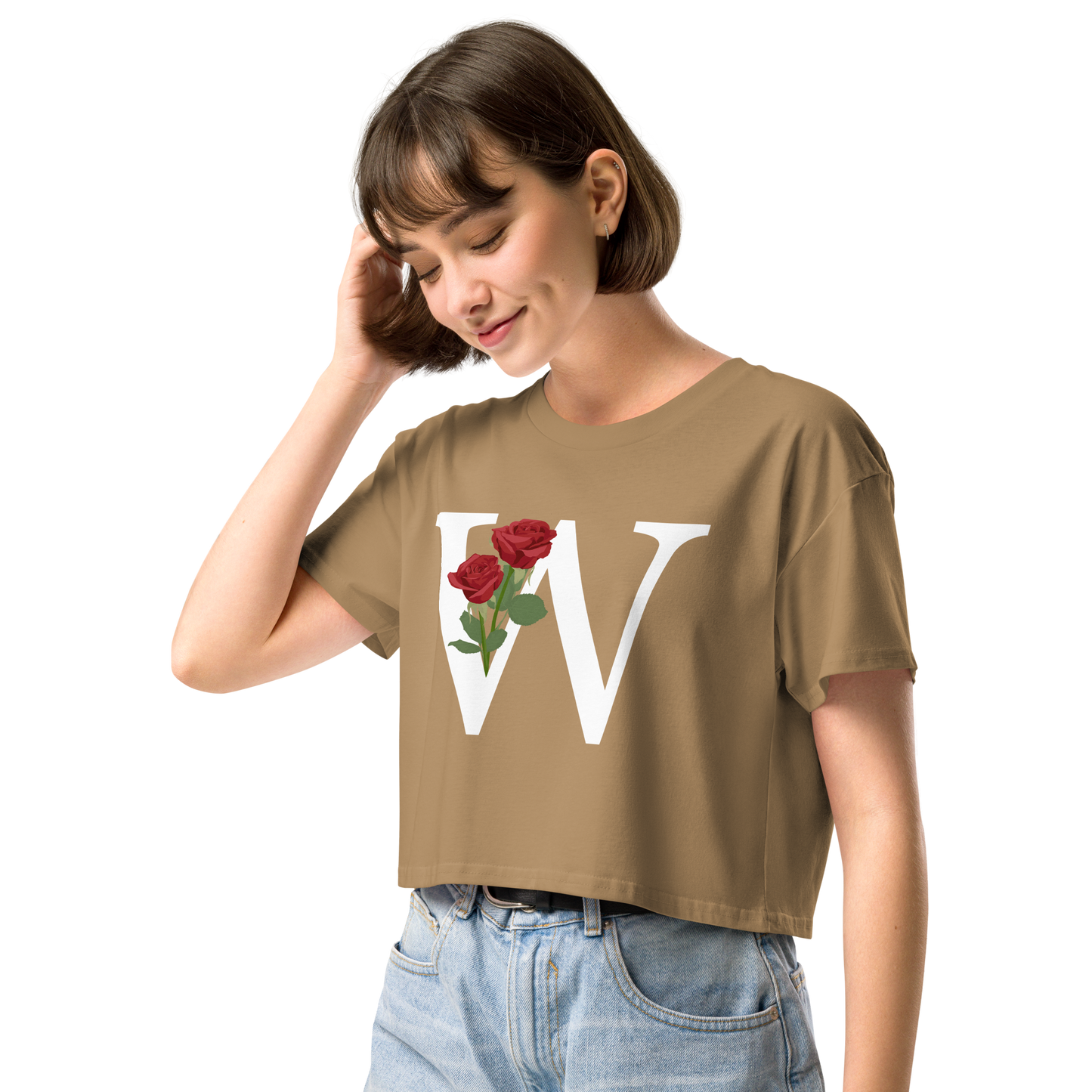 Essential Cotton Crop Top with Minimalist Initial 'W' with Roses motif