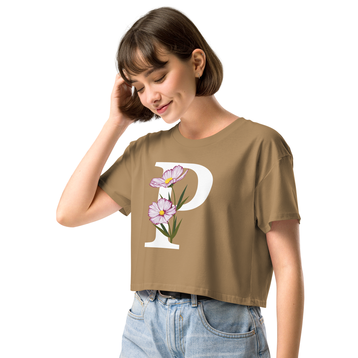 Essential Cotton Crop Top with Minimalist Initial 'P' with Flowers motif