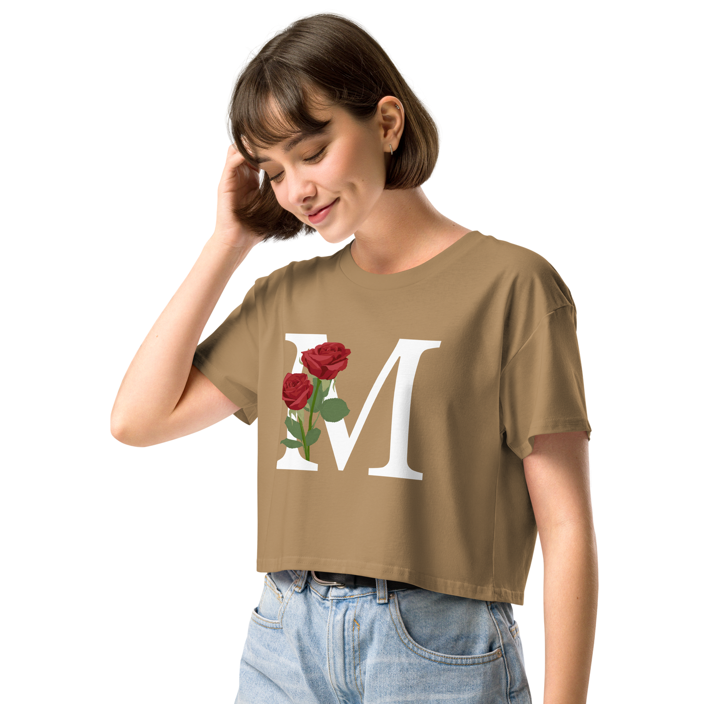 Essential Cotton Crop Top with Minimalist Initial 'M' with Roses motif