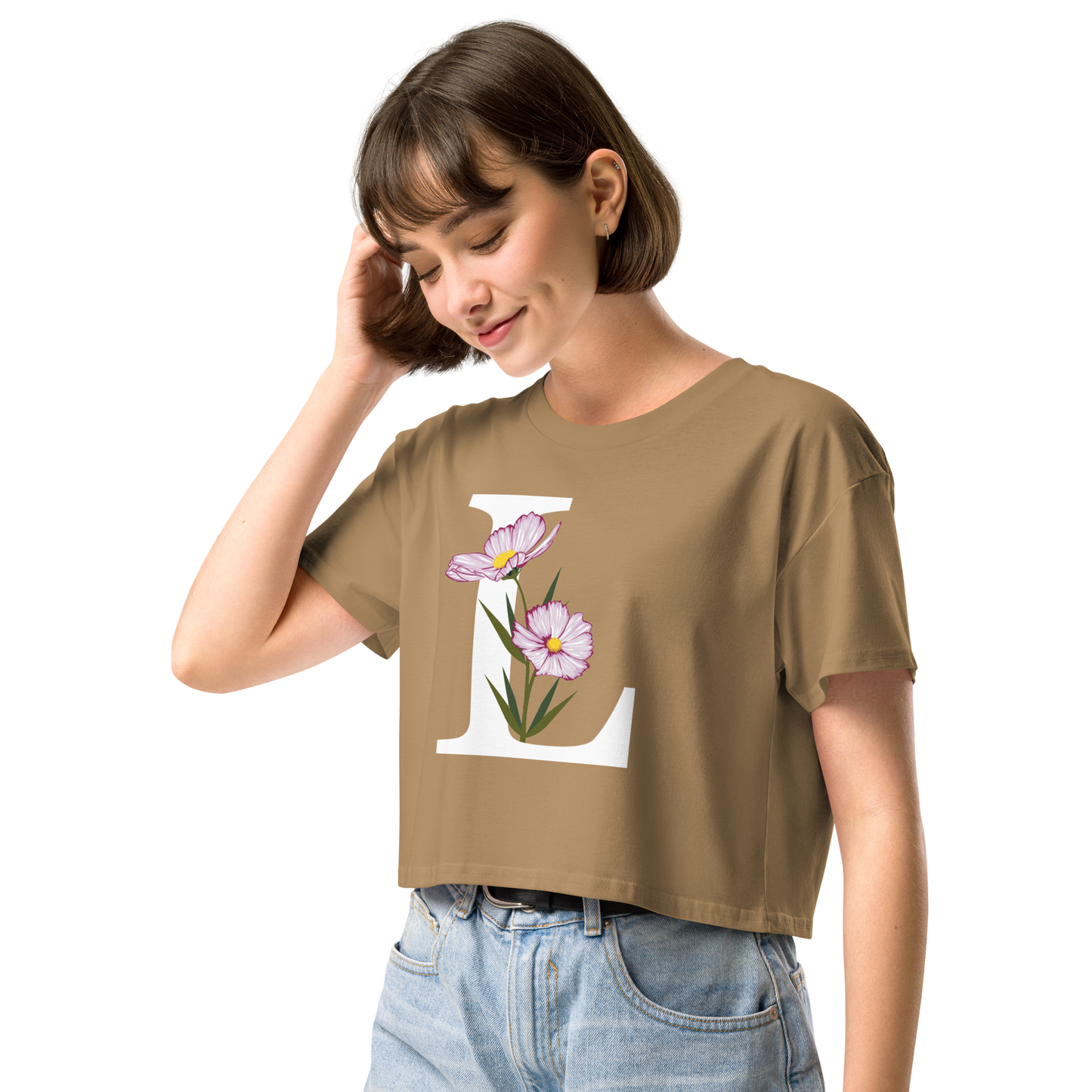 Essential Cotton Crop Top with Minimalist Initial 'L' with Flowers motif