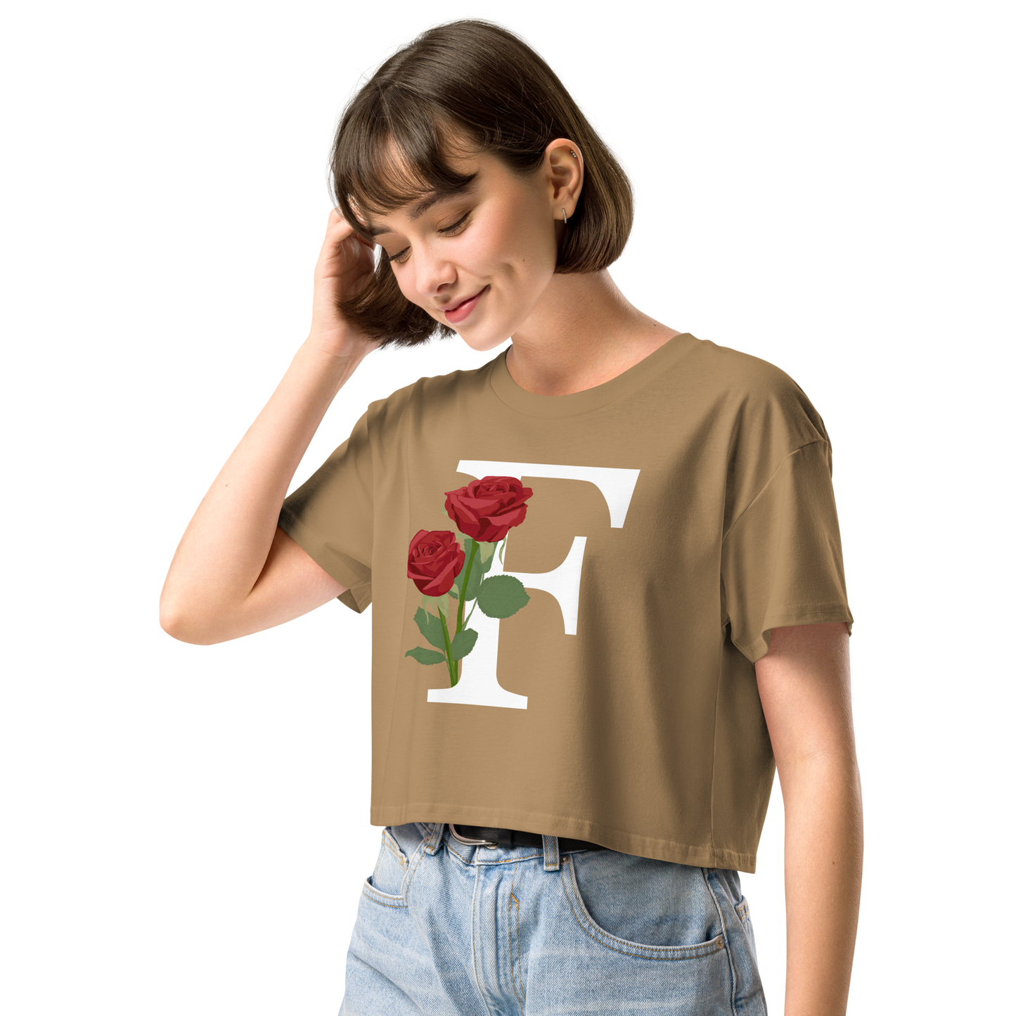 Essential Cotton Crop Top with Minimalist Initial 'F' with Roses motif