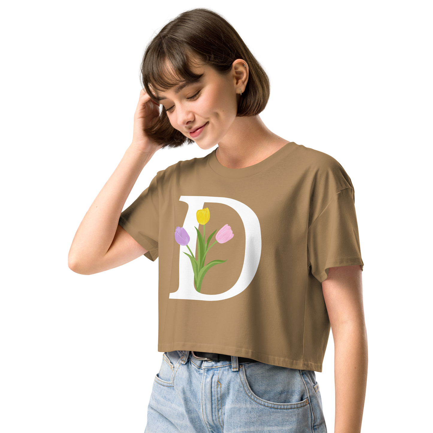 Essential Cotton Crop Top with Minimalist Initial 'D' with Tulips motif