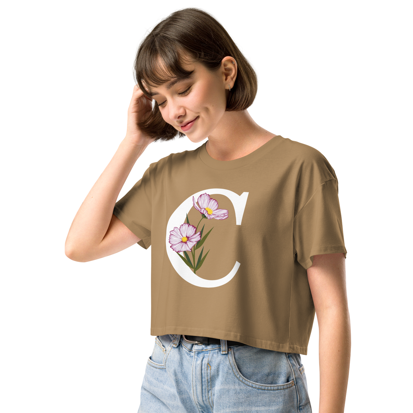 Essential Cotton Crop Top with Minimalist Initial 'C' with Flowers motif