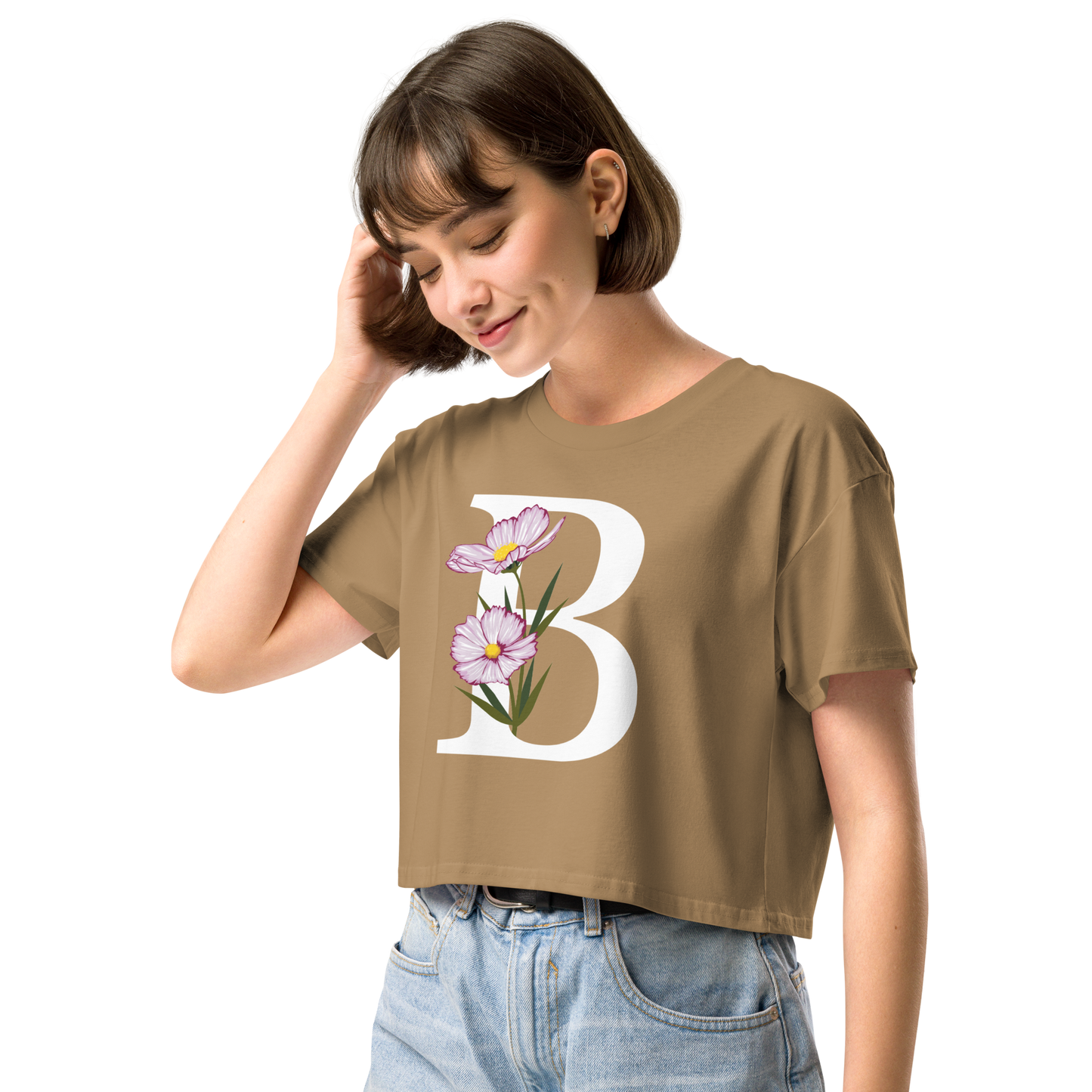 Essential Cotton Crop Top with Minimalist Initial 'B' with Flowers motif