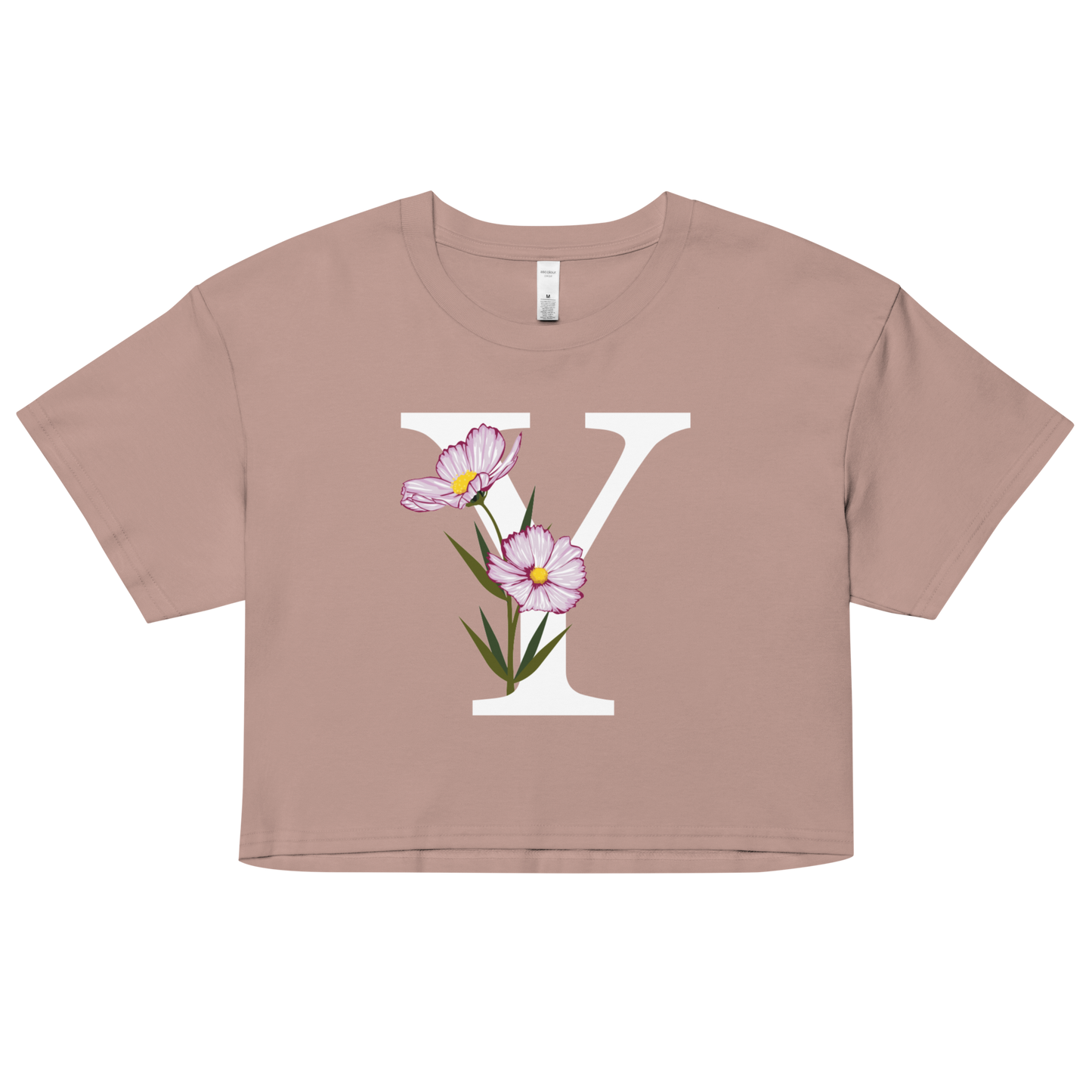 Essential Cotton Crop Top with Minimalist Initial 'Y' with Flowers motif