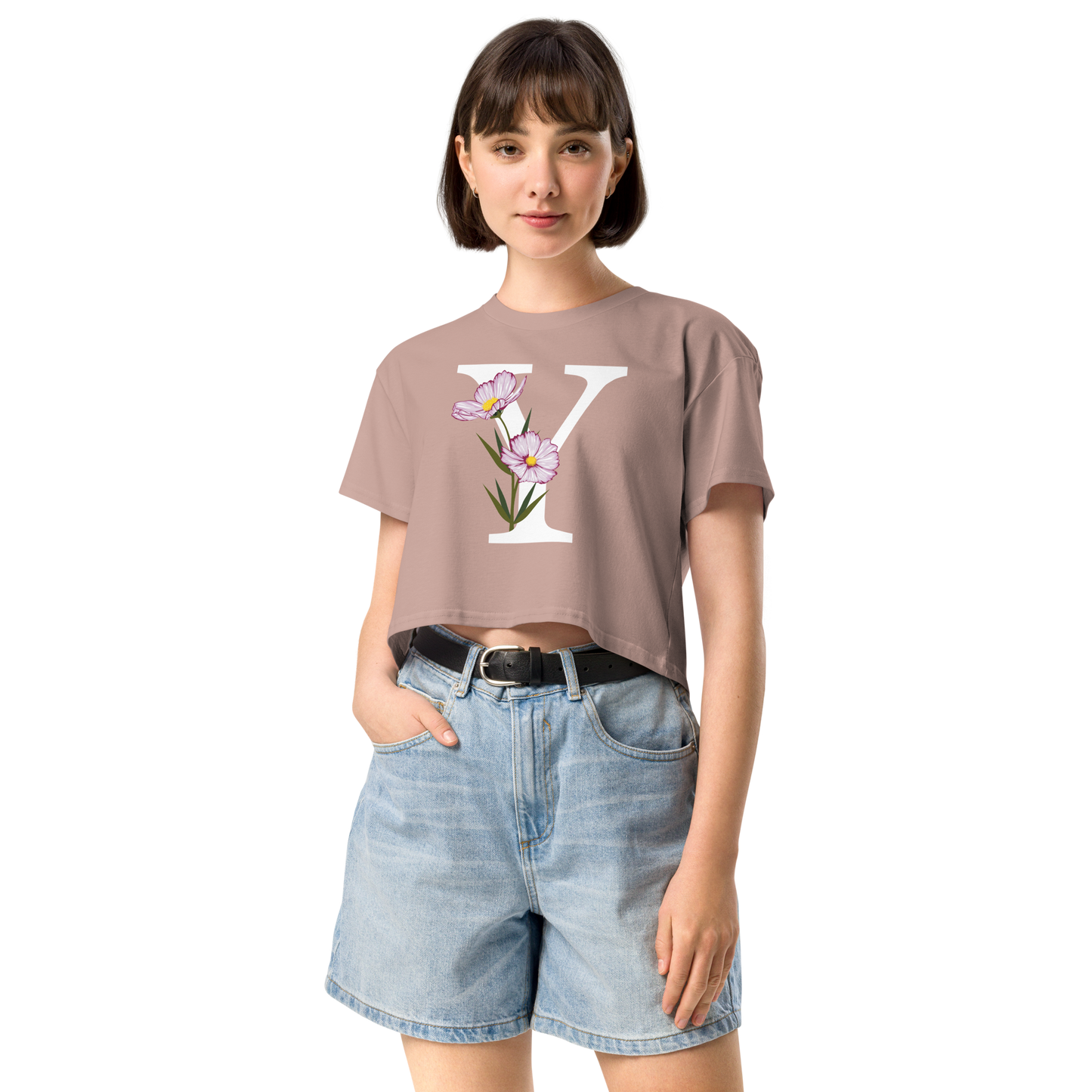 Essential Cotton Crop Top with Minimalist Initial 'Y' with Flowers motif