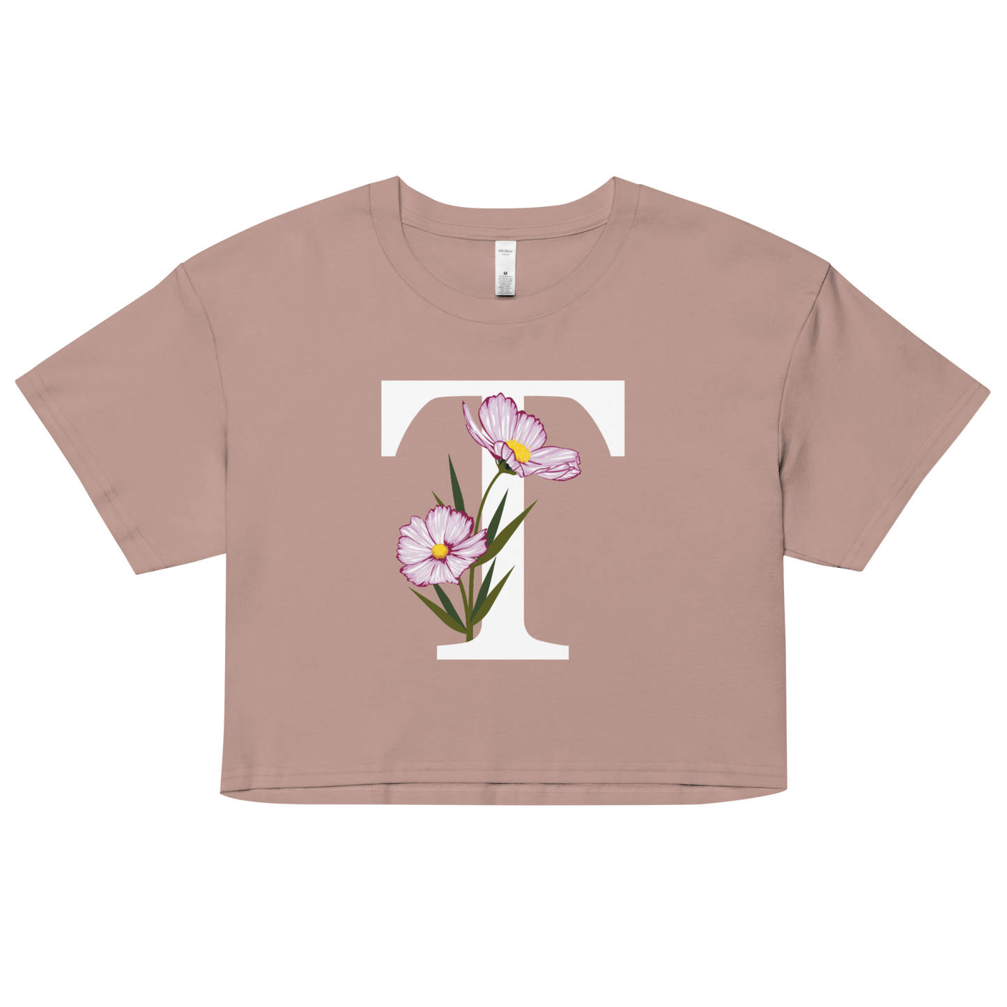 Essential Cotton Crop Top with Minimalist Initial 'T' with Flowers motif