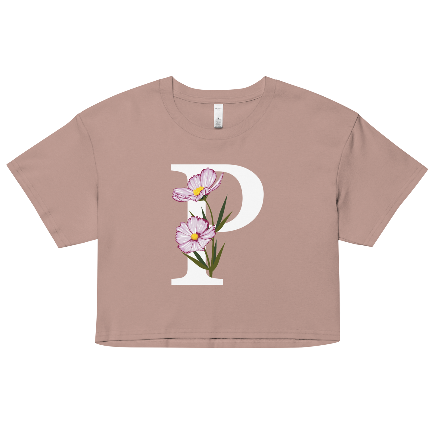 Essential Cotton Crop Top with Minimalist Initial 'P' with Flowers motif